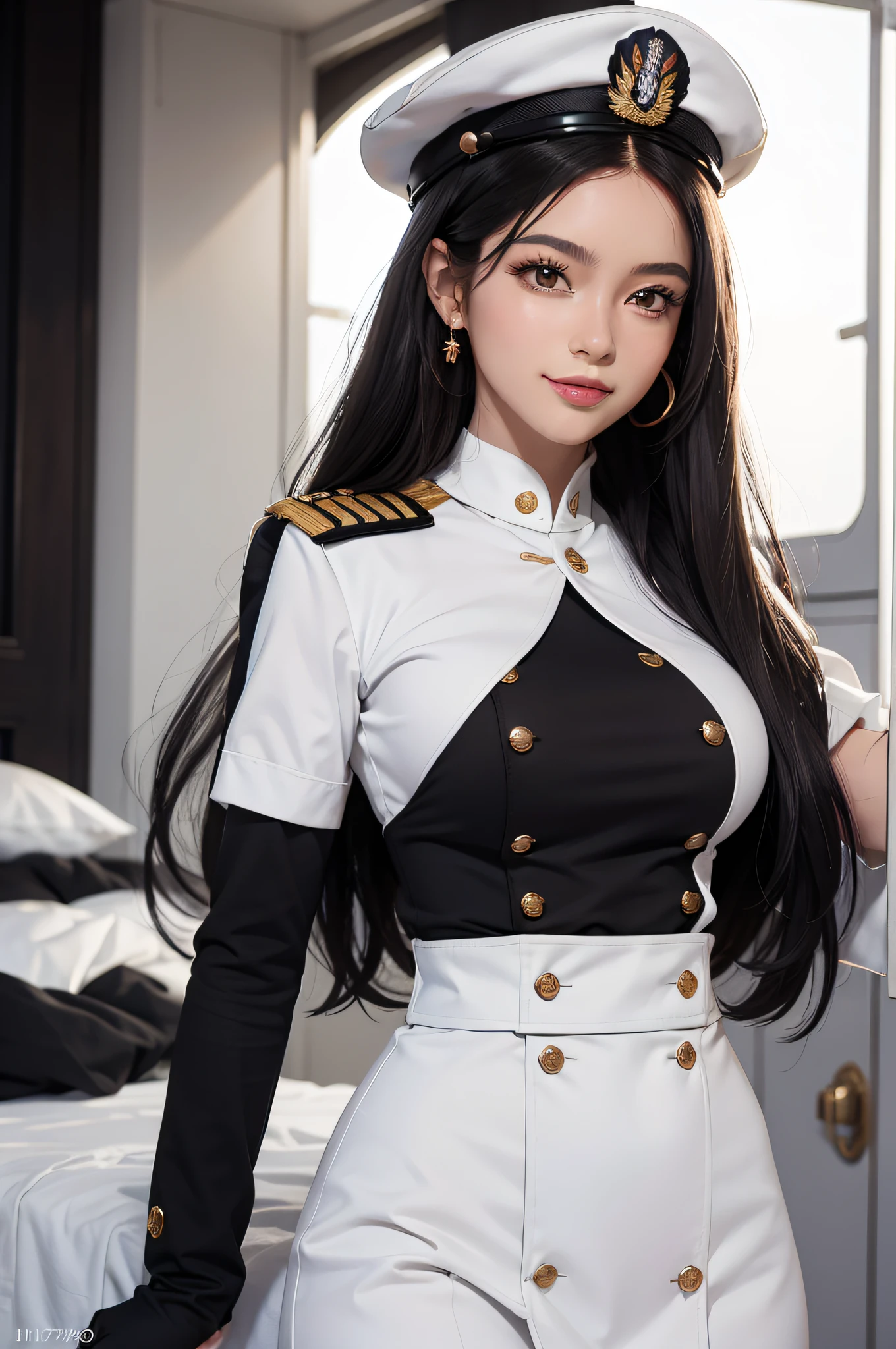 Kizi, an Quority, top-quality, big breasts beautiful, prette, The sheen,On warships, tmasterpiece,white naval uniform, Long black hair,With a military cap,The eyes are sharp and affectionate,A sweet smile,Fighting posture,(((full armour:1.8))),white colors,(((detail in face:1.2)))