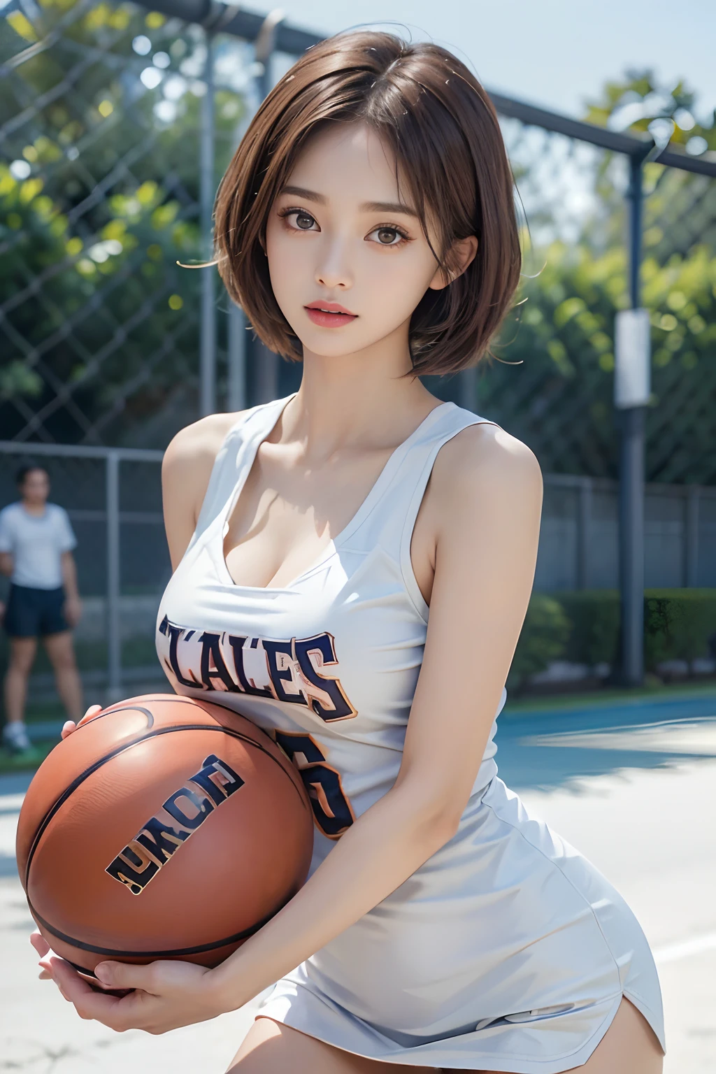 (RAW photos,4K,tmasterpiece,A high resolution,very intricate)(realisticlying:1.4),A delicate girl with facial features in the movie
1 Girl, Single focus, Full body like,Summer noon, Playing the Basketball,Basketball pose,thermography, 1990's\(styled\),White skin,(Bigchest,cleavage), (Best quality), (A high resolution), (Extremely Delicately Beautiful),,(Beautiful 8k face),(Brown eyes),(Ulzzang-6500:1.0),(Large breasts),(NFFSW),(Basketball sportswear),((Playing basketball)),((gymnasium)),((velocity)),(reality),(jiayi:1.5), closeup cleavage, tmasterpiece, best qualtiy, RAW photogr, realisticlying, faces, Incredibly Ridiculous res, Buatigar, adolable, short detailed hair, depth of fields, A high resolution, ultra - detailed, finedetail, Very detailed, extremely detailed eye and face, Sharp pupils, pupil realistic, tack sharp focus, cinmatic lighting