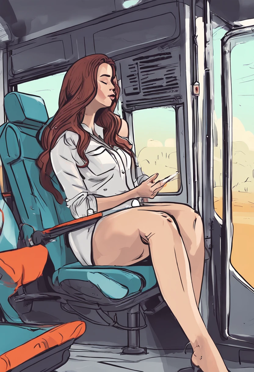 1 mujer hermosa, cuerpo grande, rubio, eyelid makeup, tetas grandes, Camisa blanca, naked heels, zapatos negros, Sleeping sitting on the bus, de espaldas, eyes closed, inserting a dildo through the anus, mostrando el culo