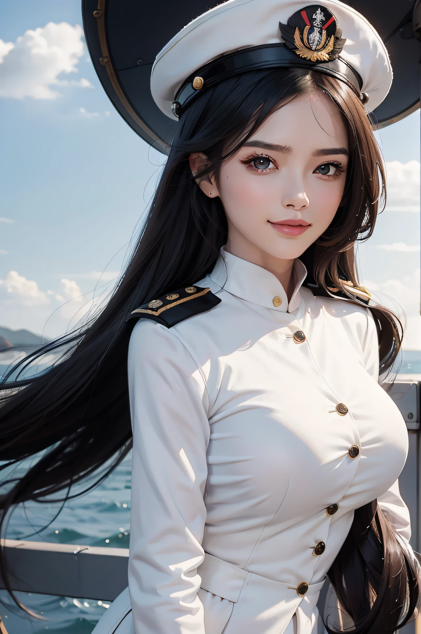 Kizi, an Quority, top-quality, big breasts beautiful, prette, The sheen,On warships, tmasterpiece,white naval uniform, Long black hair,The eyes are sharp and affectionate,Brush your teeth heroically,A sweet smile,Fighting posture,(((guns,full armour:1.8))),white colors,(((Square face,detail in face:1.2))),(obi strip:1.6))