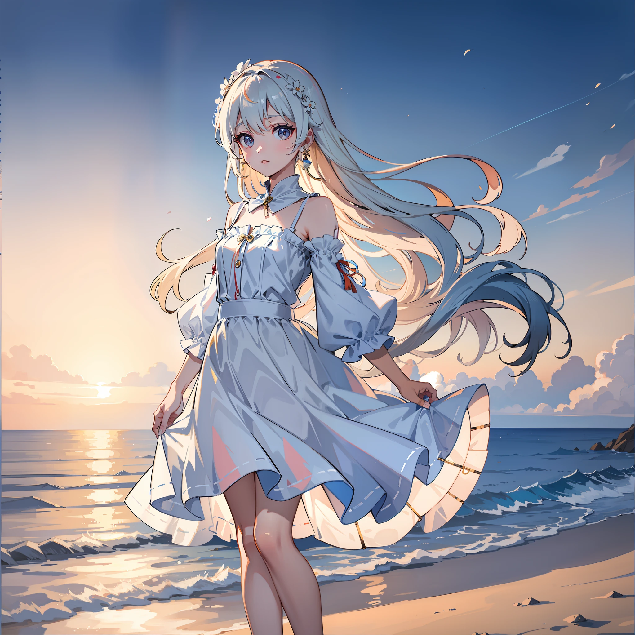 masterpiece,best quality, 1girl,  arms behind back, facing away, solo, standing,1girl, animal ear fluff, animal ears, blonde hair, blue eyes, fang, fox ears, hair between eyes, hair ribbon, long hair, twintails, v-shaped eyebrows, very long hair, beach, contrail, dutch angle, horizon, ocean, outdoors, pov,  <lora:LowPinkStyle2:0.7>