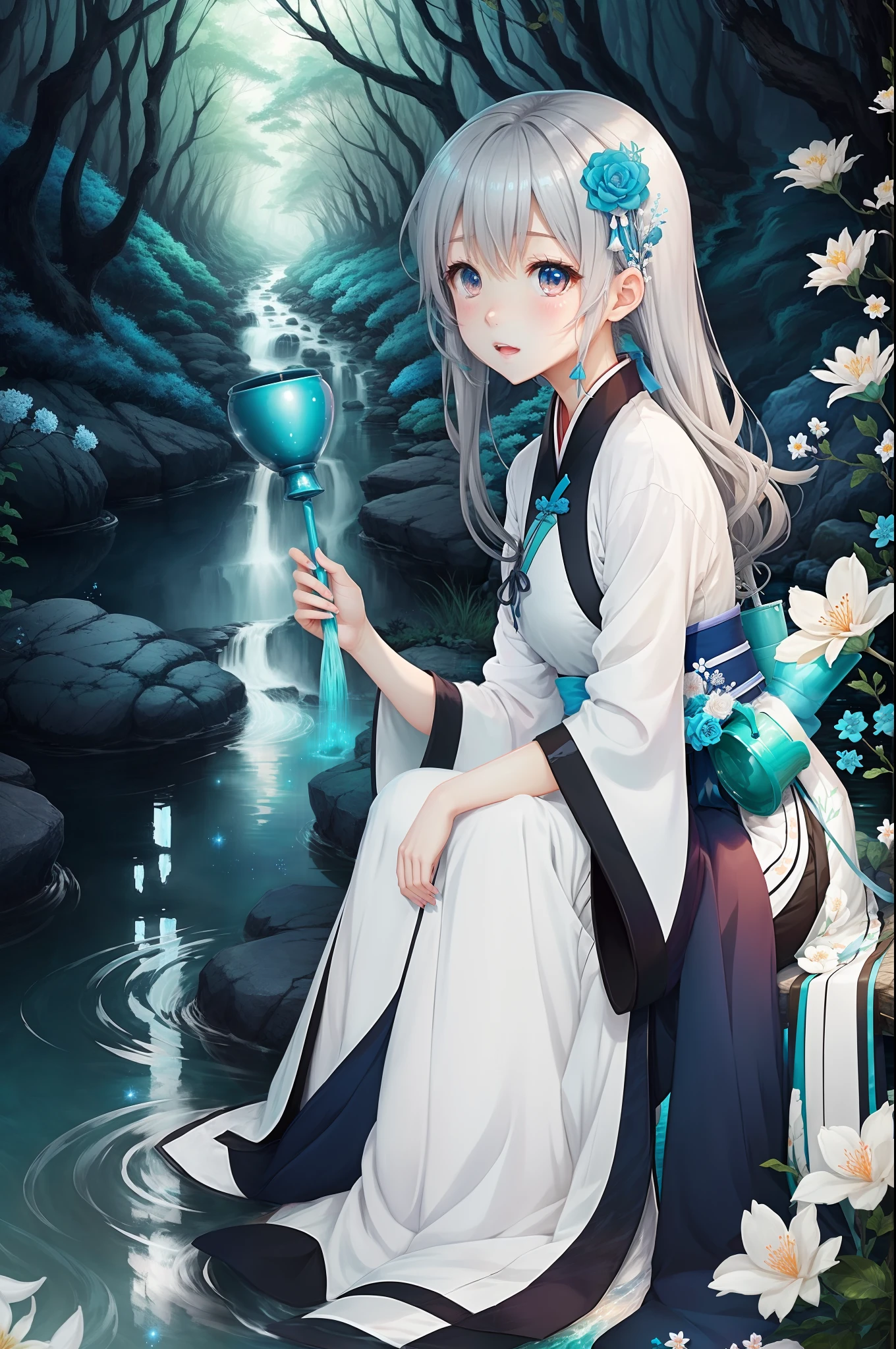 The quality of anime is 4K，Anime heroine，Anime highlight ratio（1:3），White-colored skin，Gray hair，long whitr hair，grey blue eyes，expressioness：having fun，Wear Hanfu，colors of clothing：White plus starry blue，There are hairpins，action：sitting down，Background with：Fluorescent forest+River side+flower  sea，Big bell in hand，