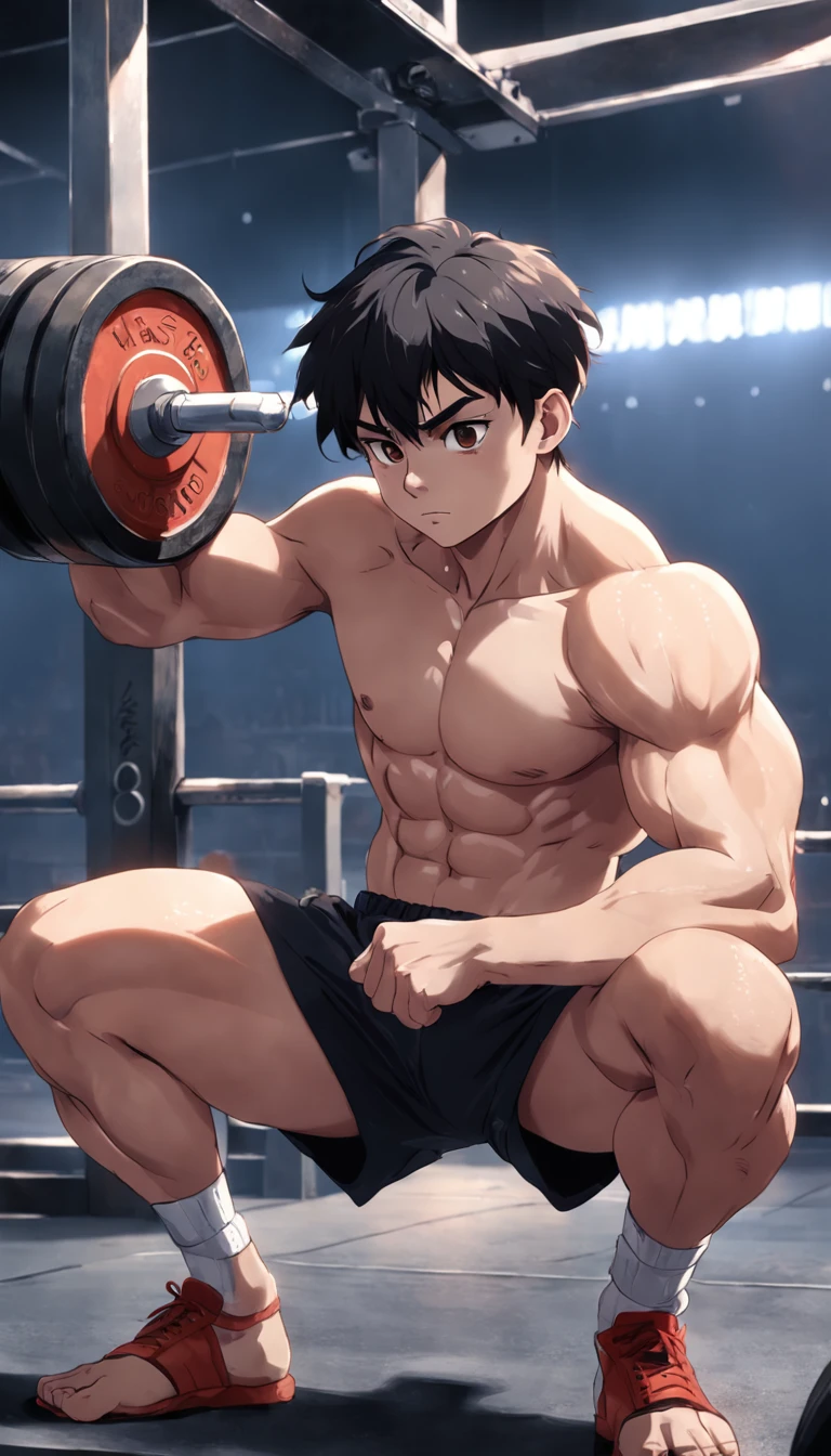 (((male))), (((best quality))), (((masterpiece))), (((Mexican ager))), (((aesthetic))), ((100 kg)) 14 year old, in the gym, lifting weights, short black shorts no shirt.