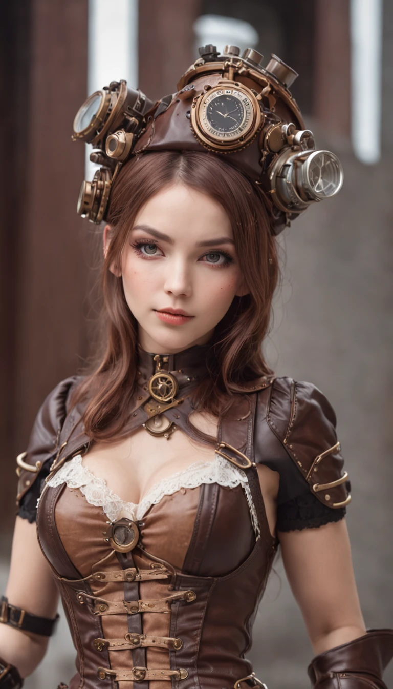 Alafe in leather costume posing for photo、Garter Belt、Steampunk Pin-Up Girl、Steampunk girls、steampunk beautiful anime woman、(highly detailed figure)、Beautiful Goddess of Steampunk、steampunk cyberpunk、Wearing steampunk costumes、Wearing a detailed steampunk dress、Close-up portrait shot、steampunk inventor girl、