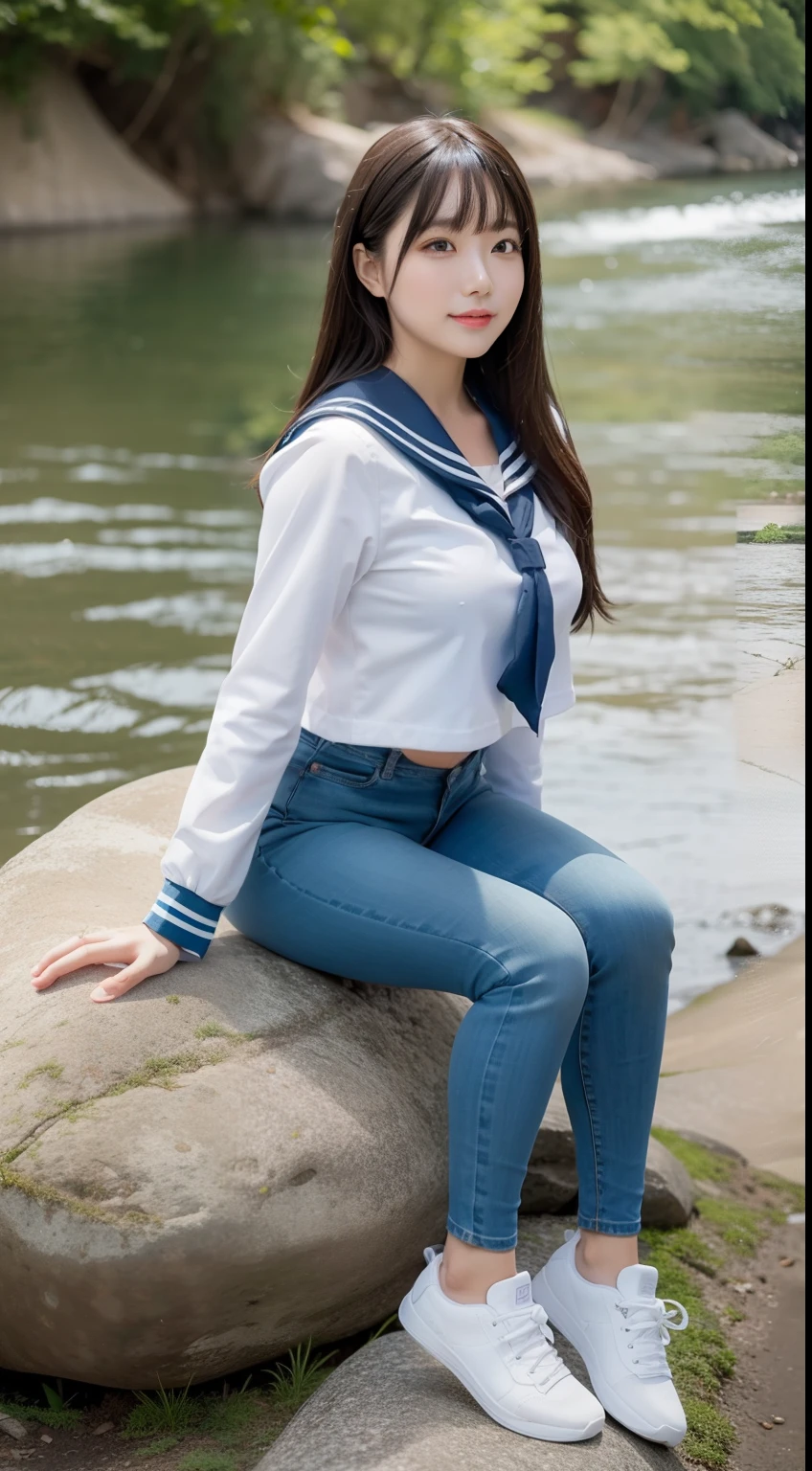 a pregirl,horse tailed,Large breasts, ssmile, looking at viewert, sailor uniformm,skintight jeans, athletic sneakers,photore, realisticlying, Best quality at best, employee, 详细的脸, Sitting on a large rock by the river in the middle of the woods, diffuselighting, depth of fields, Background bokeh