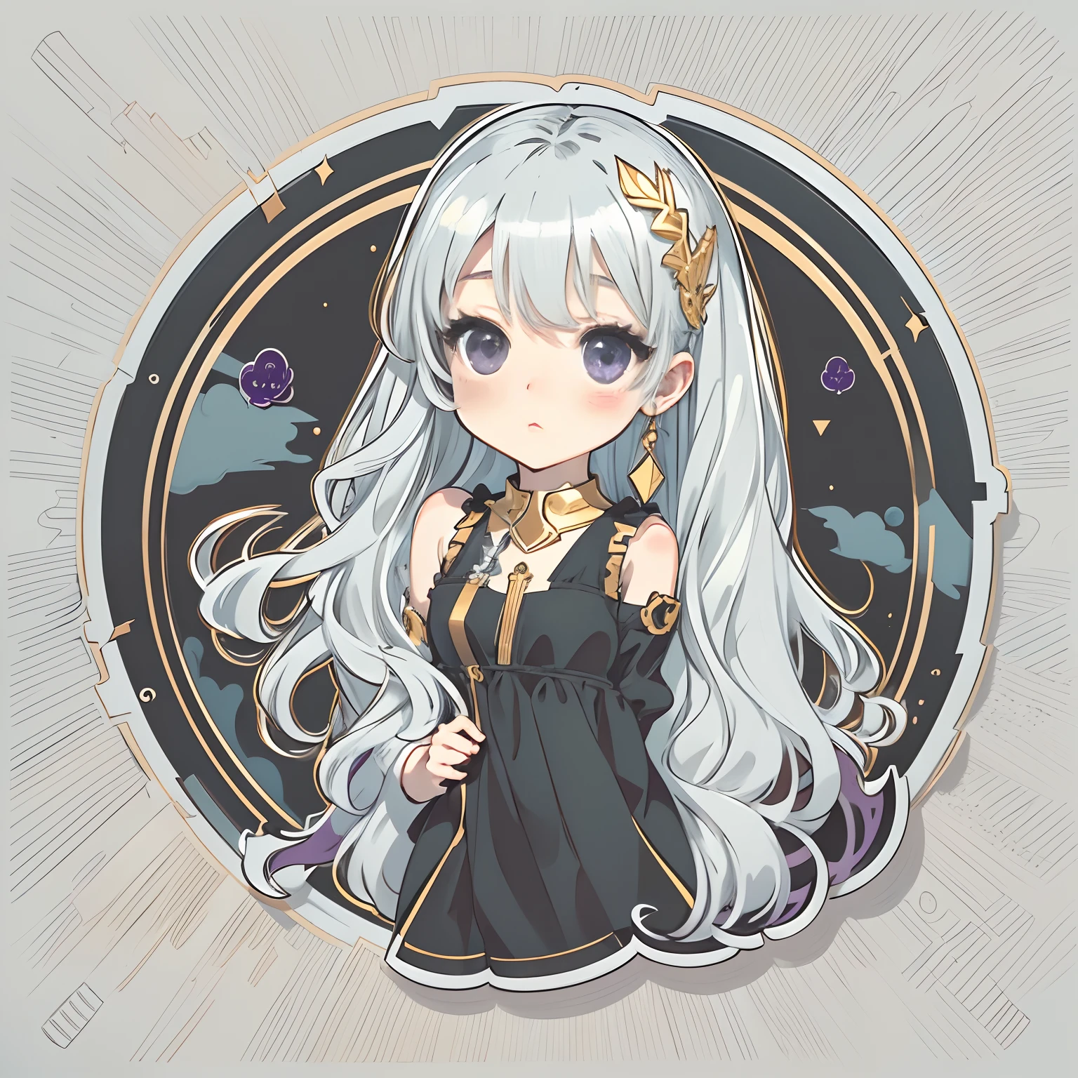 Sticker, Cute anime girl head, Long silver-white hairstyle,Deep purple eyes，lovely black dress，in circle, White background, Golden，Simple, Ultra detailed, Detailed drawing, vectorised, Silhouette, 8K, professional sticker design, Flat design, Vector lines, Sticker, Drawing, Drawing, Full-HD