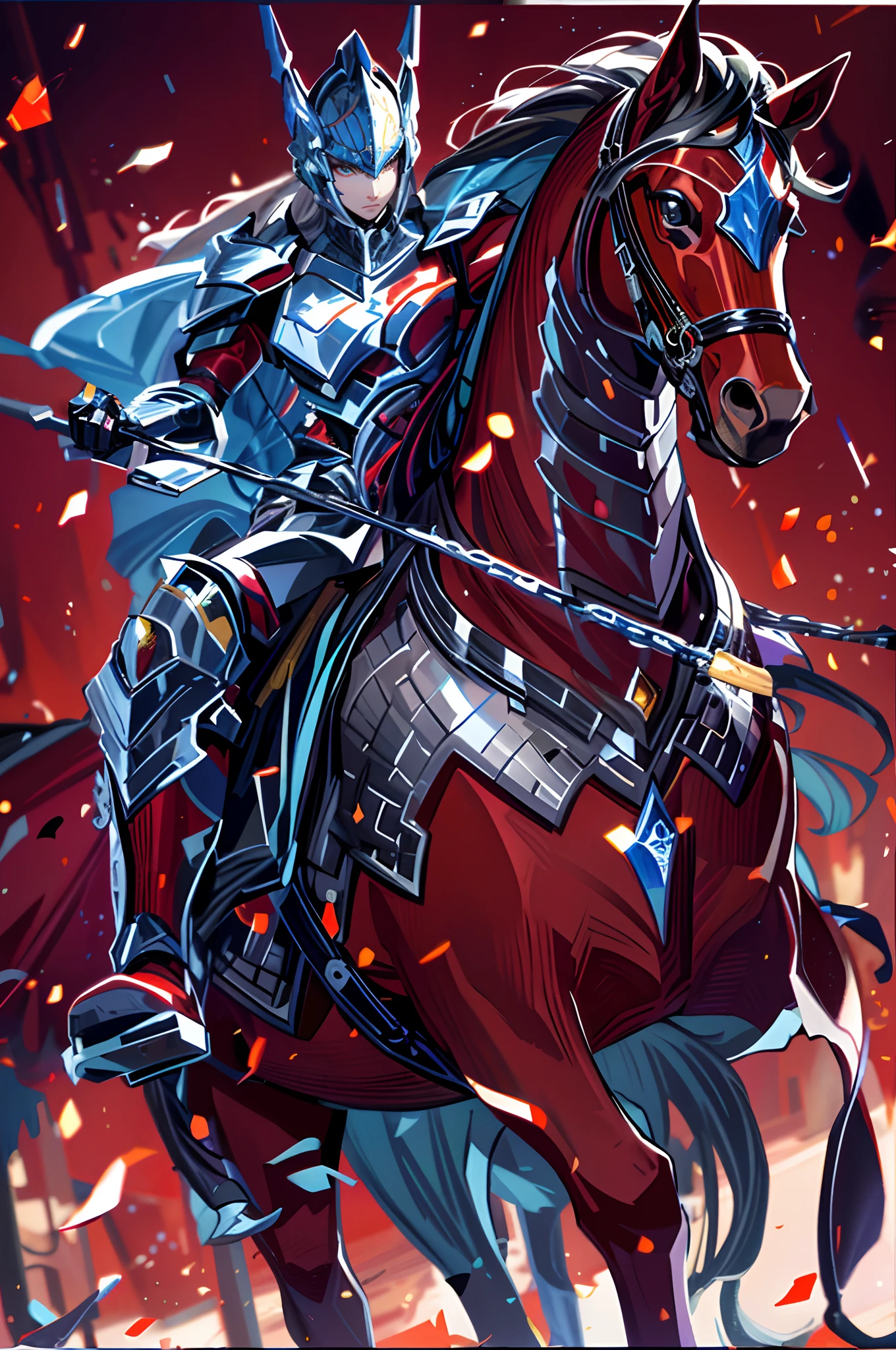 (from above), best quality, portrait, royal knight, legendary knight, dynamic action pose, riding an armored horse, fierce, epic, cinematic composition, intricate details, hyperdetailed composition, uhd, 8k, animecore