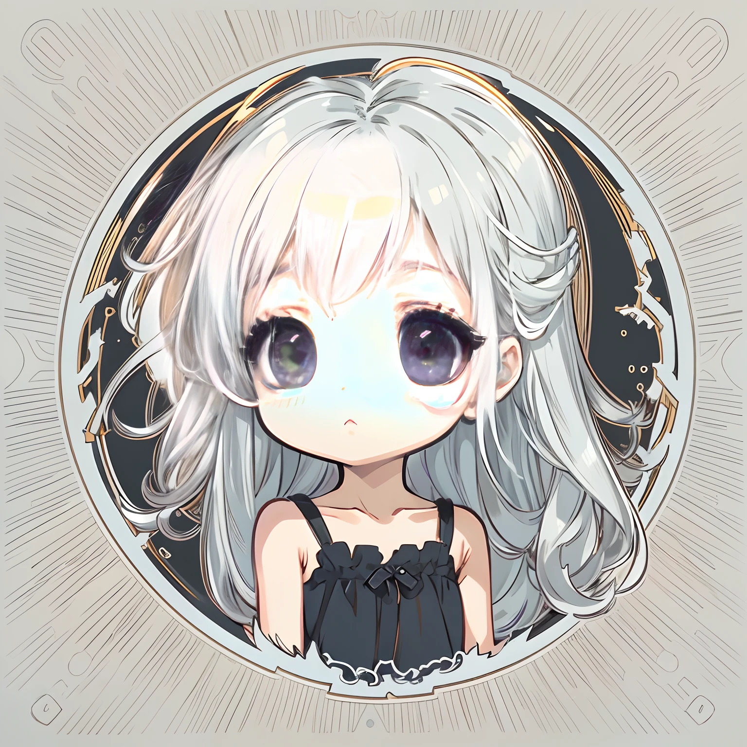 Sticker, Cute anime girl head, Long silver-white hairstyle,Deep purple eyes，lovely black dress，in circle, White background, Golden，Simple, Ultra detailed, Detailed drawing, vectorised, Silhouette, 8K, professional sticker design, Flat design, Vector lines, Sticker, Drawing, Drawing, Full-HD