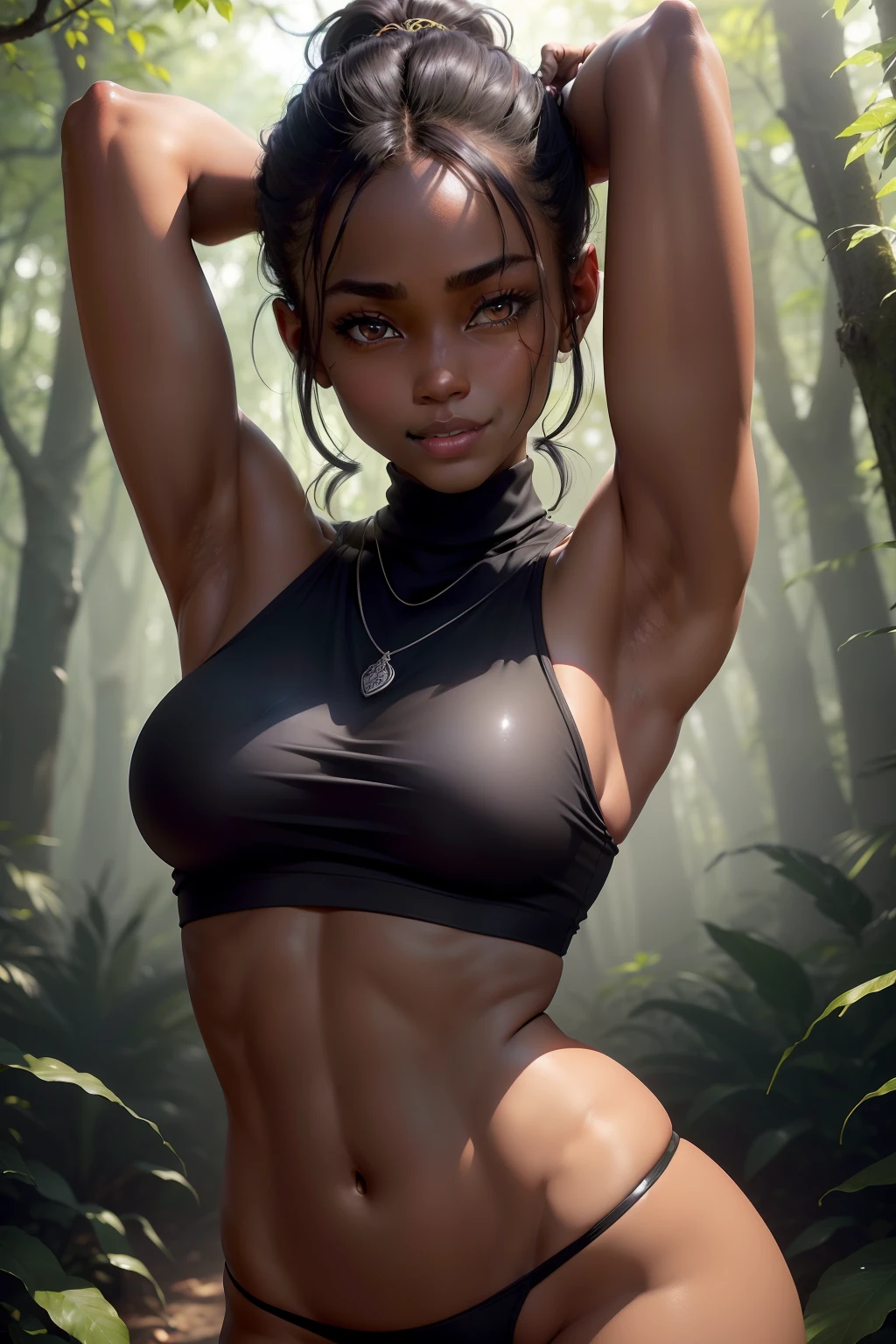 ((The skin is much darker than in the photo、The darkest skin、Black armpits))、((The deepest skin、Maximum dark skin,、Underarms、Black shiny skin、Moist black skin、The darkest skin is shiny!、 Black armpits、Pitch-black skin like a black man!Moist shiny armpits、Dark armpit skin!、14 years old model、Realistic armpit wrinkles、smooth armpit,Looks like it's oiled、Improves armpit appearance、Upper body only、Underarms、Pitch-black armpits、standing in forest,Armpits are visible、Delicate black shiny armpits、Realistic black shiny armpits、Detailed skin texture、Detailed underarm wrinkles、Realistic armpit wrinkles、Black detail, black armpits、Very dark complexion、Caucasian and semi-dark-skinned women、Dark skin beauty、Black skin、Shiny armpits、Black sleeveless sweater,high-necksweater、standing in the woods,Expose your armpits、Sleeveless turtleneck sweater black skin woman, Smiling))、(High-Ponytail hairstyle、Caucasian and very dark dark-skinned women、8K、Dark-skinned Caucasian),Standing in the forest、sleeveless turtleneck、Black panties、, 14years、Women with the darkest skin))、photorealistic perfect body、Standing normally in armpit position、closeup picture, Best quality, Armpits, Arms up, White bra、 at a forest、High-Ponytail hairstyle、Realistic, 8K、Shiny armpits、