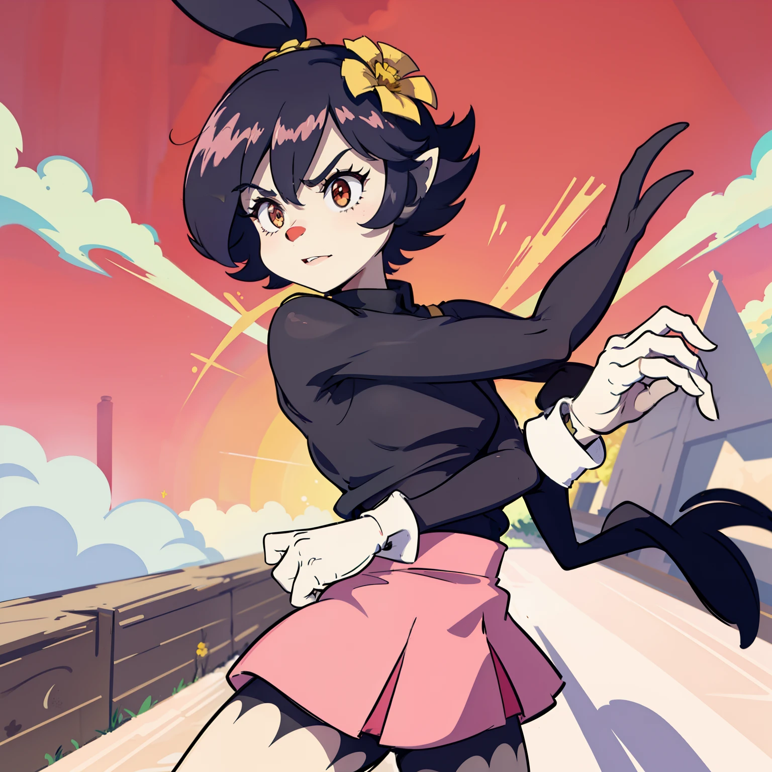 Dot Warner, 1girl, black sweater, pink skirt, furry, red nose, long ears, short hair, black hair, yellow flower, hair ornament, bangs, white gloves, body fur, long tail, black eyes, white feet, perfect anatomy