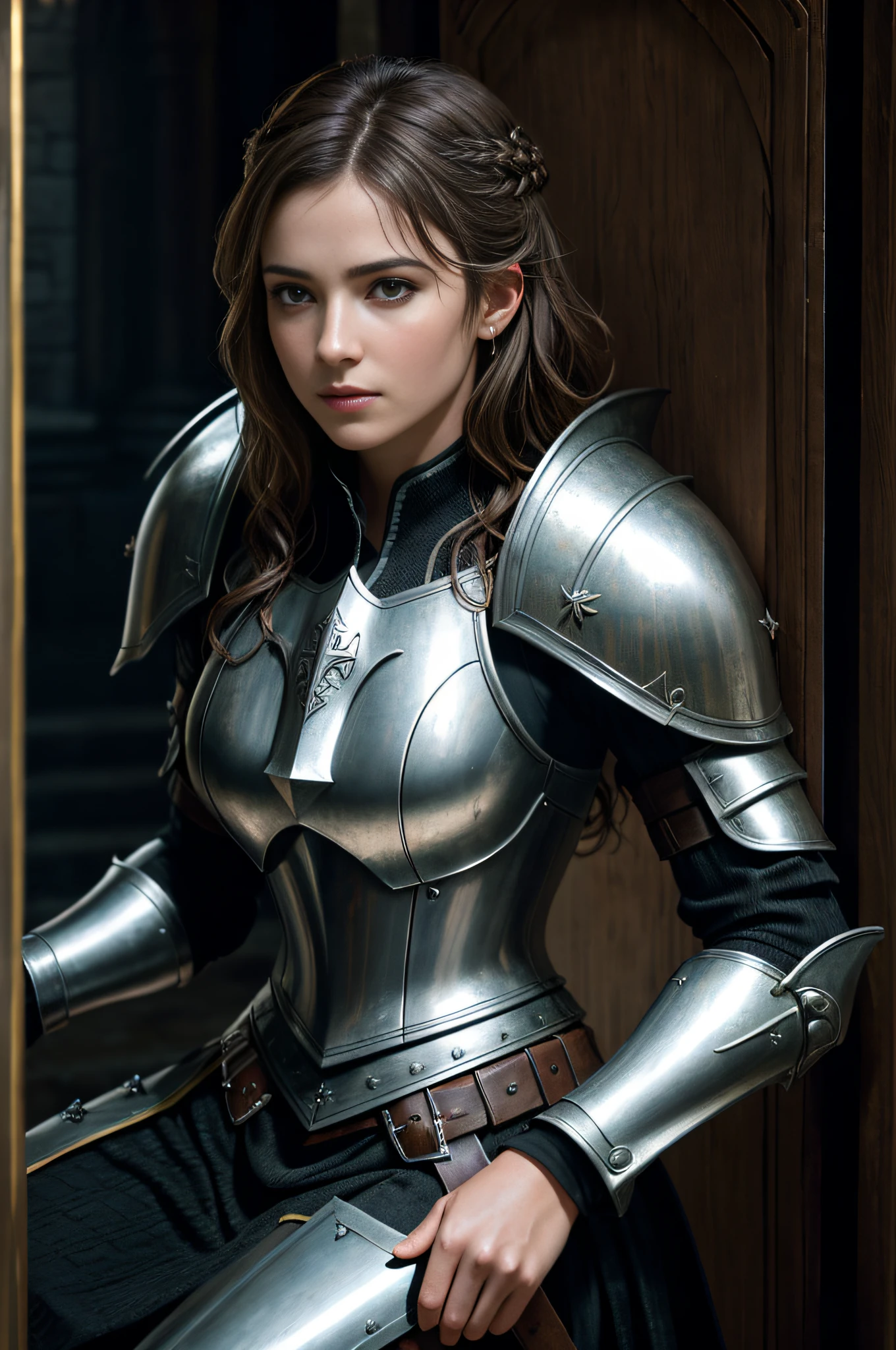 (Masterpiece:1.3), (8K, Photorealistic, Raw photography, Best Quality:1.4), beautiful portrait, (1woman), Beautiful face, Realistic face, (Detailed face), light brown hair, Beautiful hairstyle, (Detailed hair), Realistic eyes, (Detailed eyes), Realistic skin, (Detailed skin), Beautiful skin, Attractive, Ultra high definition, A hyper-realistic, Very detailed, (extremely intricate), professional photograph, sharp focus, dramatic, cinematic lighting, octane render, unreal engine, volumetrics dtx, (film grain), (wearing medieval armor and having shield and spear), (Breastpate, Backplate, Cuisses, Porin, Besagew, Rerevrace, Vambrace, Gauntlet, Sabaton, Greaves, Spool), (Visor at her feet), Beautiful details, (stand at the entrance of the king's chamber)