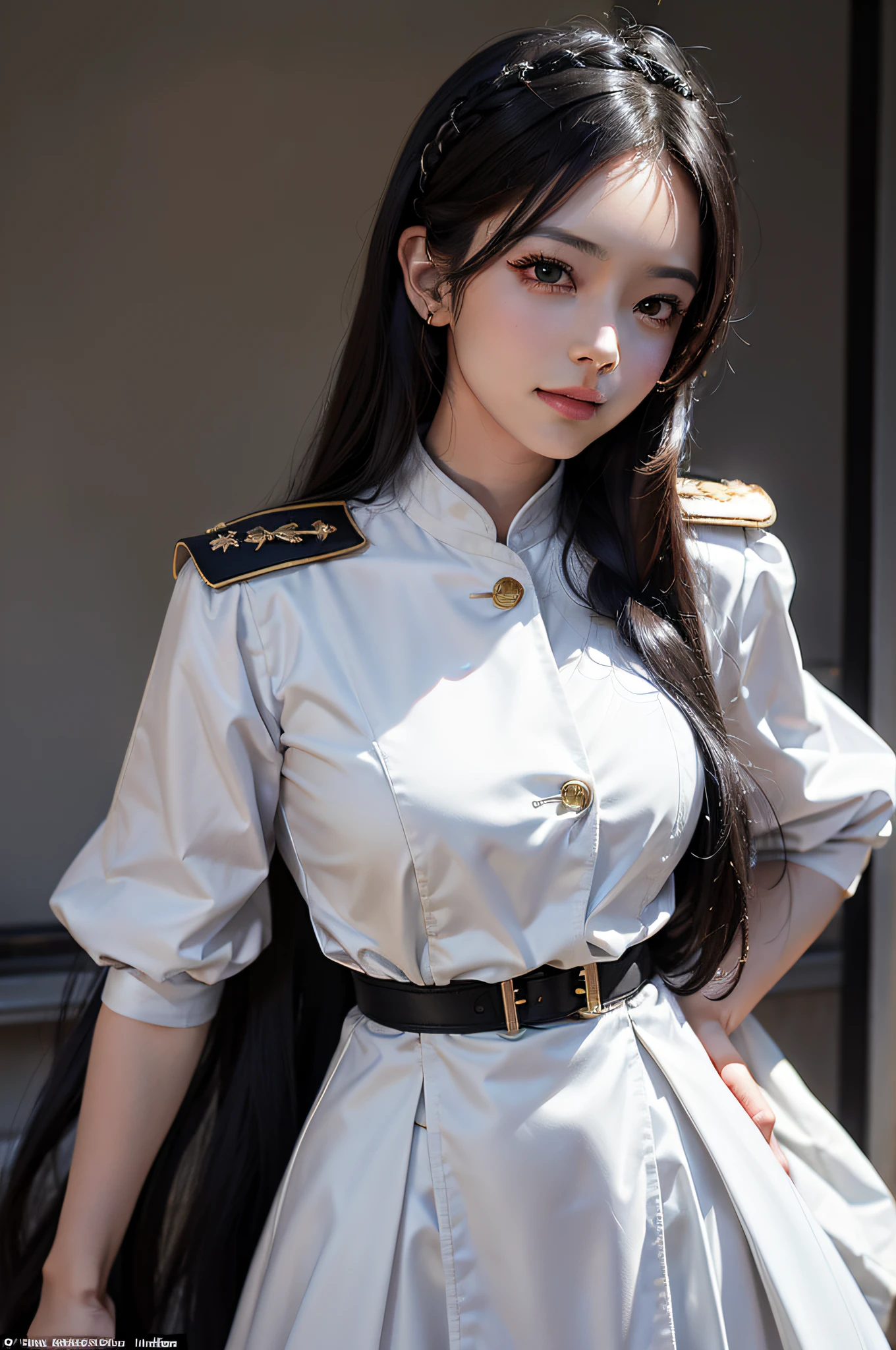 Thigh garter, Full body shot, sad , kglamour_magv2, race_queen dressed in navy blue retro Prosecutor uniform, (steampunk background:.4), masterpiece, breathtaking, dramatic composition, ultra realistic, 100mm, Fujifilm XT3, Canon50 DSLR, sharp focus, hyperrealism, highly detailed, crisp edges, 20 years old