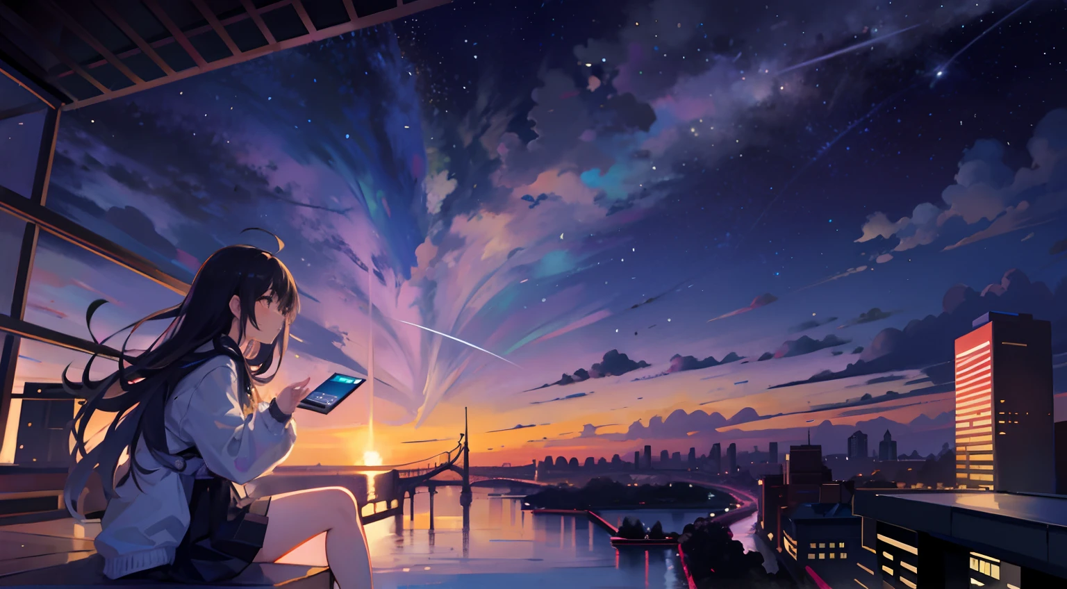 octans,Skysky,As estrelas(Skysky),scenecy,starrysky,the night,1girl,nigh sky,独奏,exteriors,buliding,clouds,galactic,sitted,The tree,Long hair,城市,siluette,Cityscape back
