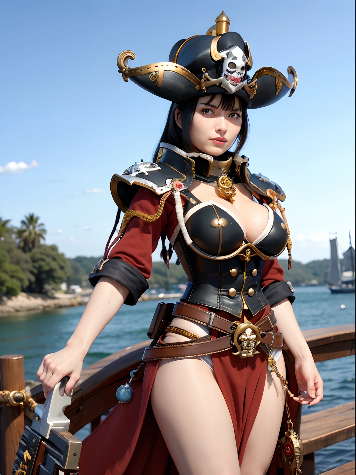 (masutepiece), Professional , masterpiece、top-quality、photos realistic , depth of fields (Gemstone Silver Metal Body:1.9),(Matte White、(Put on a detailed pirate hat)、Jewel Gold Weapon(Jewel Metal Body:1.4),(Gorgeous metal weapons) , Detailed Sword of the Brave , 20 year old girl ,Pirate Ship、warhammer 40k , The port town、adepta sororitas,Detail and ornate jewel crown、Black hair、Gangle's forest background、Young Caucasian beauty、1a person、dynamic ungle,((()))、Smaller head、A smile、Take a sexy pose、Thin and beautiful female hands、cleavage of the breast、Soldier in iron armor on background、A port city with a view of the sea、Pirate Ship、