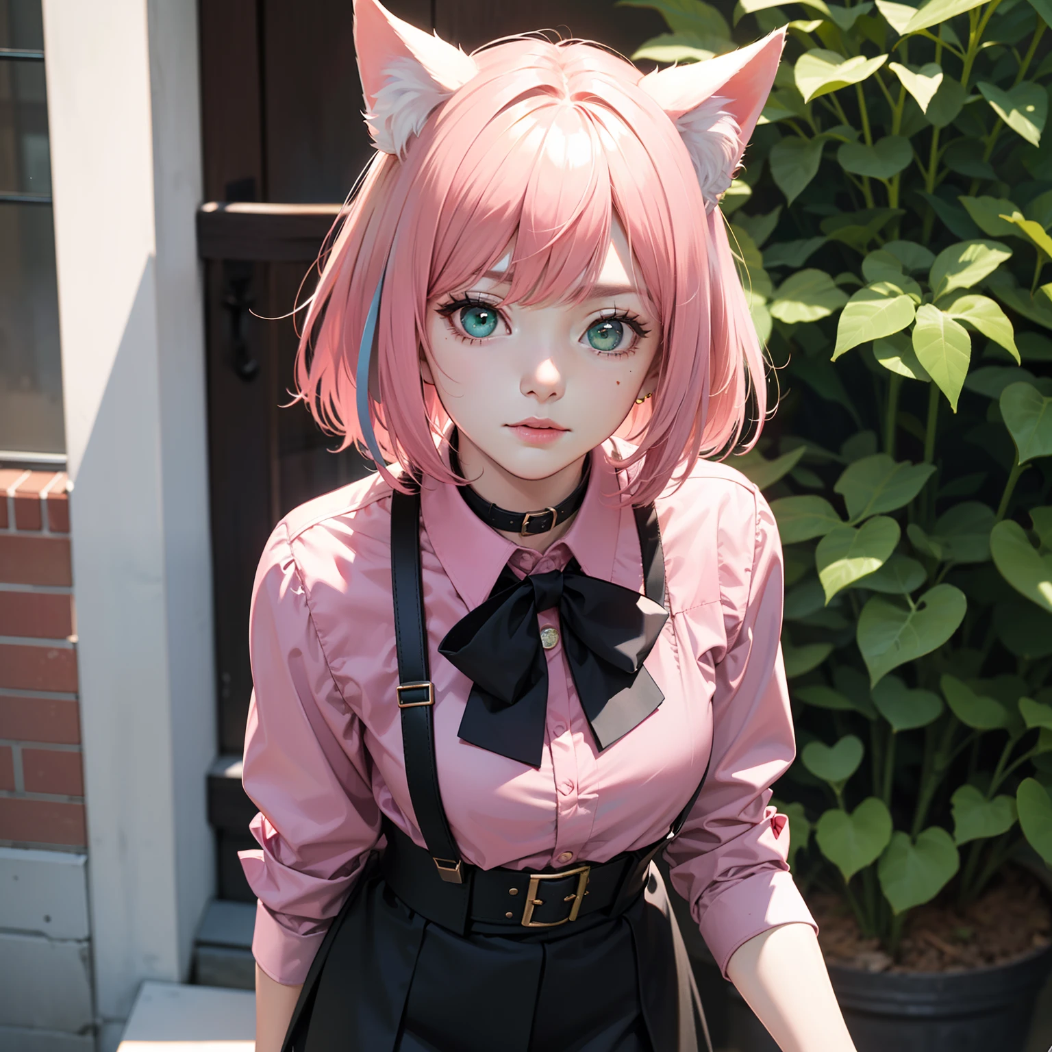 ((((detailed face)))),(Highest picture quality), (Master's work), (Detailed eye description), (8K wallpaper), (Summer plant room),cat girl,cat ears,(pink hair:1.25), short hair,(green eyes:1.23),(ringed eyes:1.1),((tareme)),medium_eyes,(light blue bowtie on neck), (1980s), (Detailed face description),((shy)),(detailed face),half closed eyes,head down, (((pink shirt))),(black skirt),(black fishnet pantyhose:1.1), black garter belt,(black bow),thigh strap,
standing, overall skirt,
on street,
((((detailed face)))),