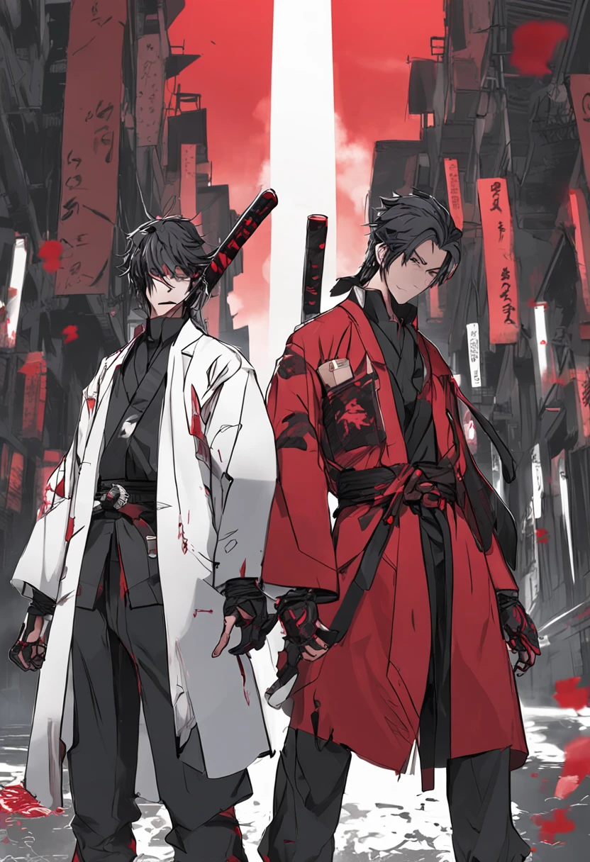 2boys，cabelos preto e longos，Red-eyed age man，Stand on an empty street at night，extreme hight detail，White jacket，Black Hakama，Aoba Ori，Holding a huge blood-colored weapon in one hand，A Japanese style，Intimidating，Engulfed in flames、Sword，wall-paper，CG compositing，Japan best swordsman