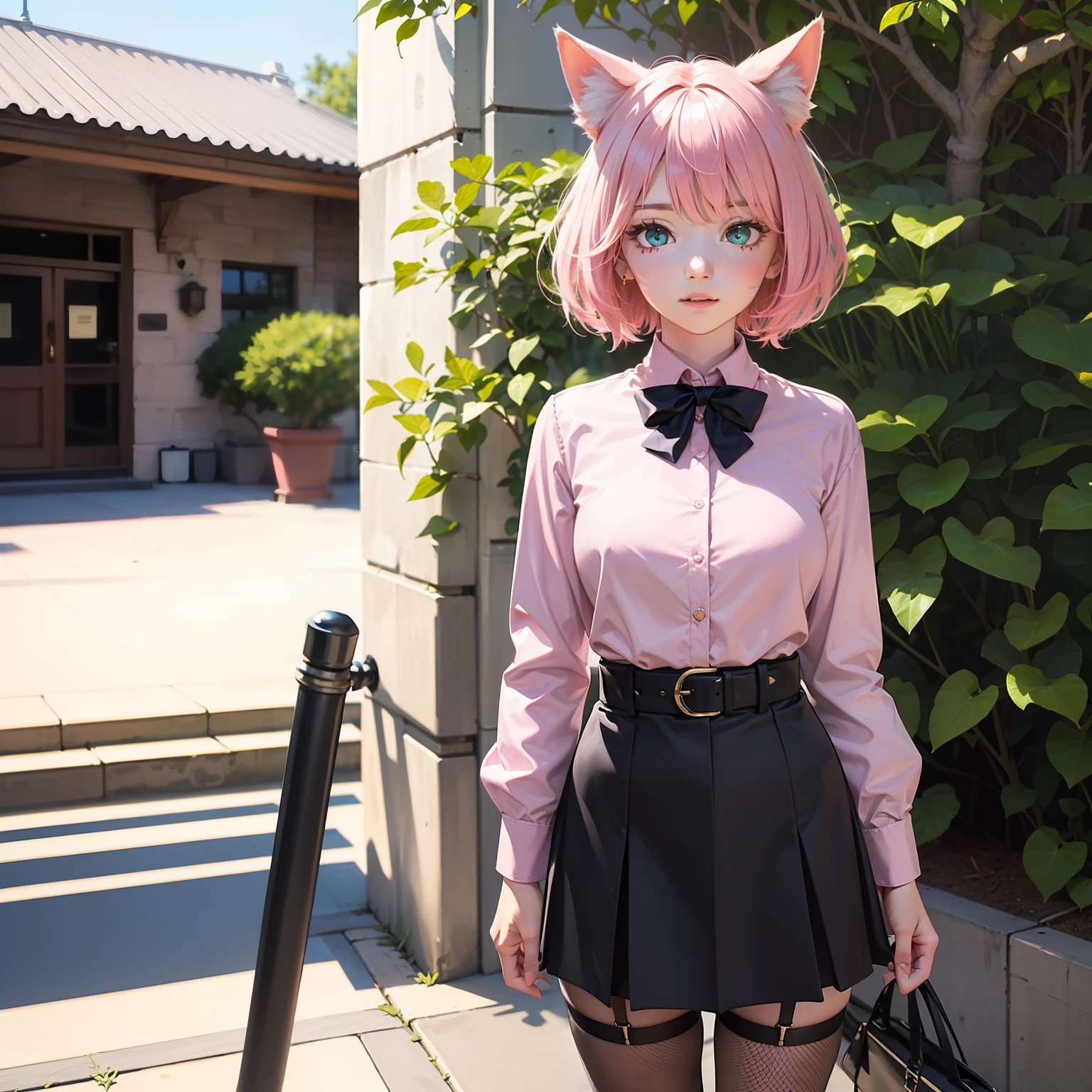 ((((detailed face)))),(Highest picture quality), (Master's work), (Detailed eye description), (8K wallpaper), (Summer plant room),cat girl,cat ears,(pink hair:1.25), short hair,(green eyes:1.23),(ringed eyes:1.1),((tareme)),medium_eyes,(light blue bowtie on neck), (1980s), (Detailed face description),((shy)),(detailed face),half closed eyes,head down, (((pink shirt))),(black skirt),(black fishnet pantyhose:1.1), black garter belt,(black bow),thigh strap,
standing, overall skirt,
on street,
((((detailed face)))),