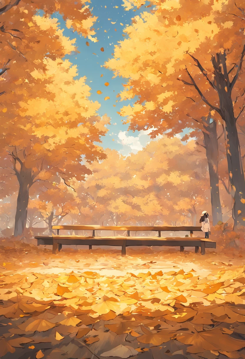 official aesthetics,art of photography,Autumn view,The picture should have the sky and lawn,There are falling ginkgo leaves in the sky,Golden Ginkgo biloba,falling leaf,((There is a wooden coffee table in the middle)),Canon 5D,F2.8,70mm