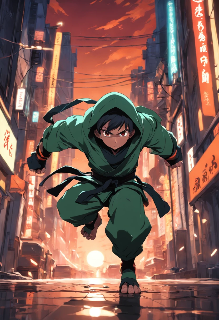 tartaruga ninja mutante adolescente, Michelangelo|(Serious expression:1.2),(action pose:1.2),(dynamic lighting:1.1),(sombras intensas:1.1),(cores vibrantes:1.1)|fundo da paisagem urbana