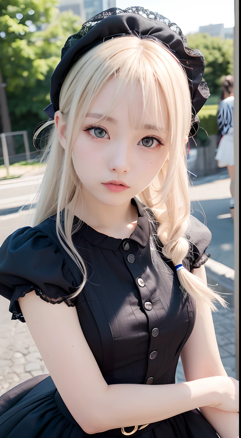 (masutepiece, Best Quality:1.2), 8K, 85 mm, Official art, Raw photo, absurderes, Platinum Blonde Hair, (Blue eyes, Lolita Fashion, sweetlolita, Gothic, Dress:1.2), Idol face, a closeup, Beautiful Girl, gardeniass, Copenhagen, Short sleeve, Elegance, Sophisticated, gardenia, Looking at Viewer, Film grain, chromatic abberation, Sharp Focus, face lights, Dynamic lighting, Cinematic lighting, Detailed face, Big city background