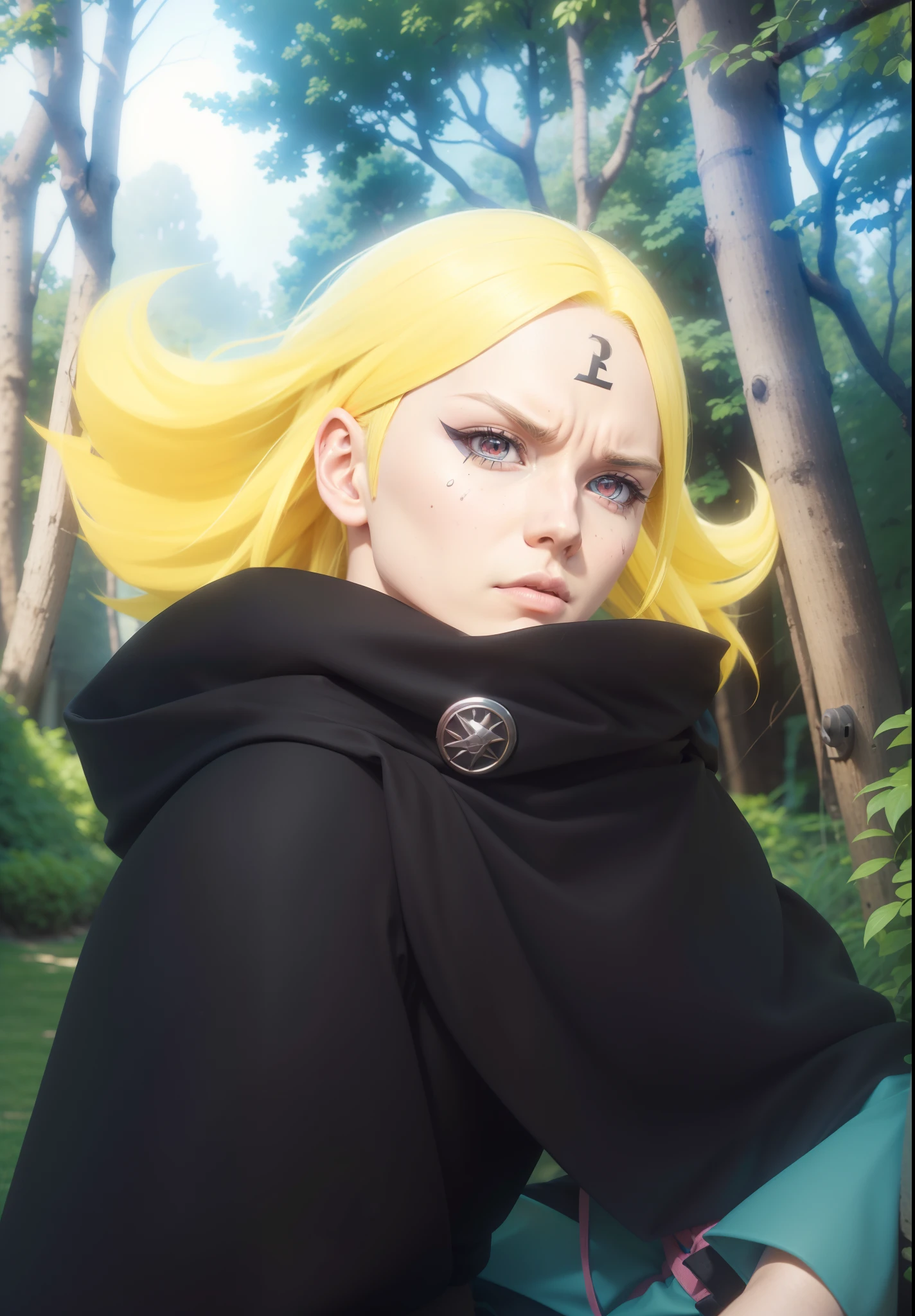 A real Life adaption of this character,his name delta from anime boruto ,hyper realistic ,detailed yellow hair color, high resolution, photorealistic,very detailed,realism outfit, realistic detailed pink eyes color