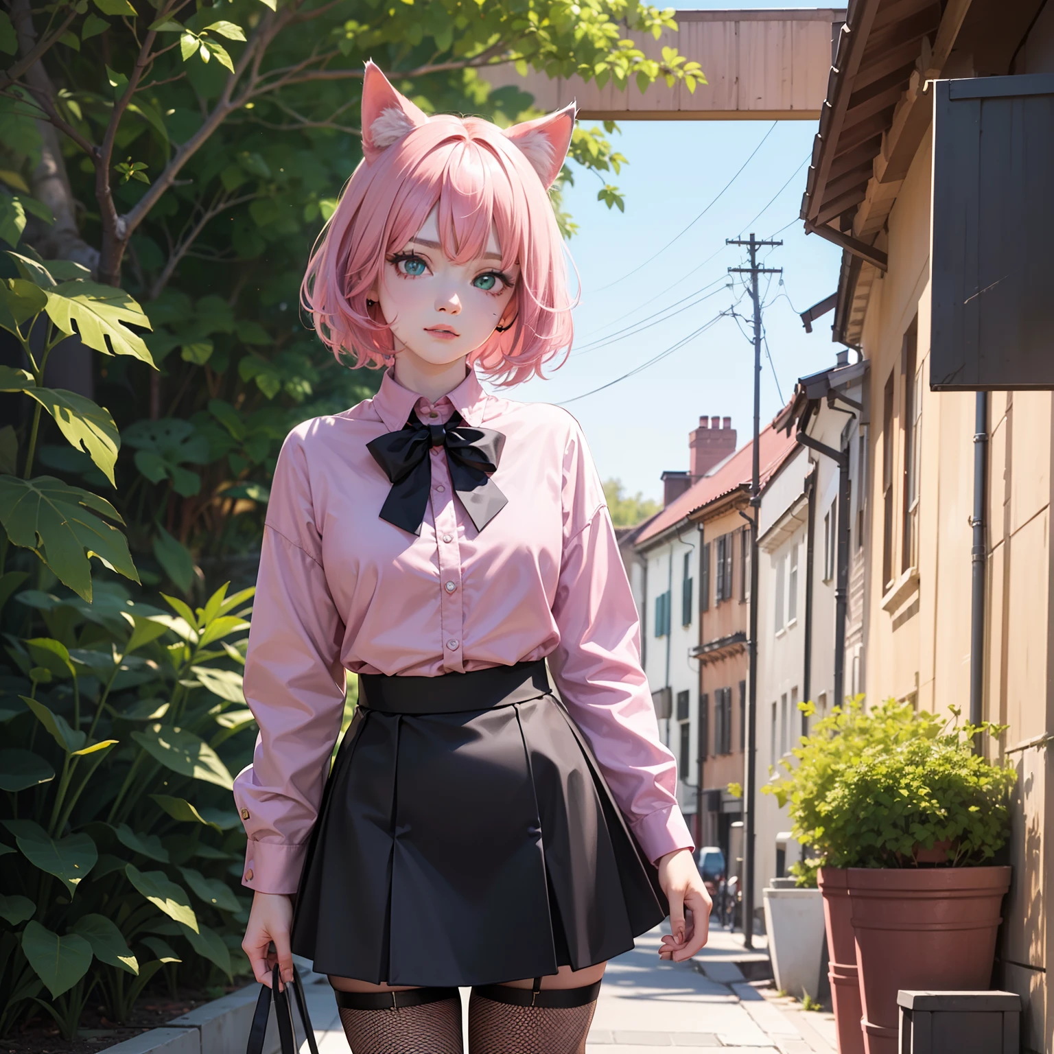 ((((detailed face)))),(Highest picture quality), (Master's work), (Detailed eye description), (8K wallpaper), (Summer plant room),cat girl,cat ears,(pink hair:1.25), short hair,(green eyes:1.23),(ringed eyes:1.1),((tareme)),medium_eyes,(light blue bowtie on neck), (1980s), (Detailed face description),((shy)),(detailed face),half closed eyes,head down, (((pink shirt))),(black skirt),(black fishnet pantyhose:1.1), black garter belt,(black bow),thigh strap,
standing, overall skirt,
on street,
((((detailed face)))),