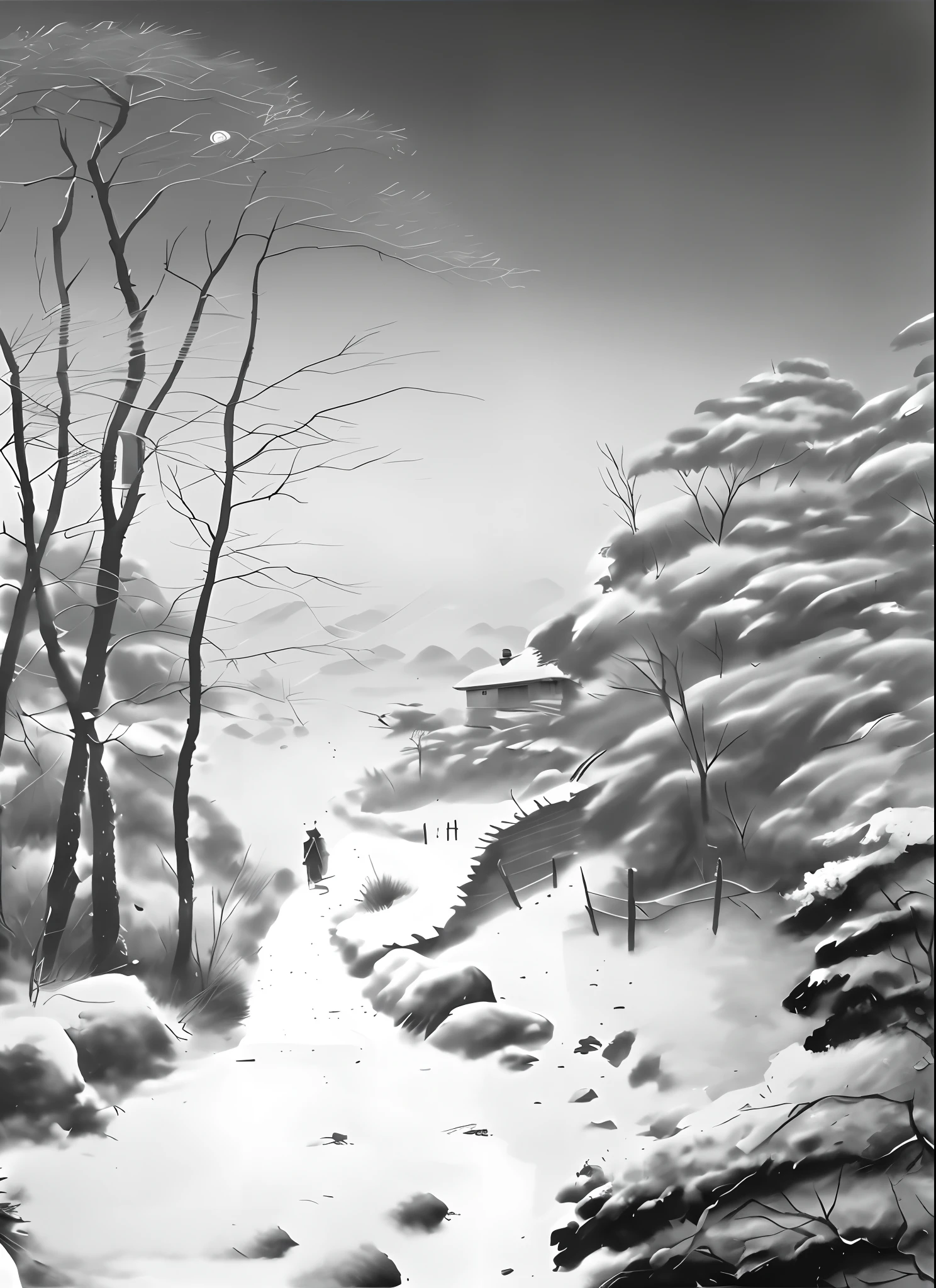 Draw a picture with pedestrians、Snowy view of the house and trees, inspired by Ryōhei Koiso, inspired by Yoshihiko Wada, drawn in anime painter studio, Inspired by Kanō Sansetsu, inspired by Kim Hong-do, inspired by Grzegorz Domaradzki, snowy landscape, Snow scene, author：Shen Shizhen