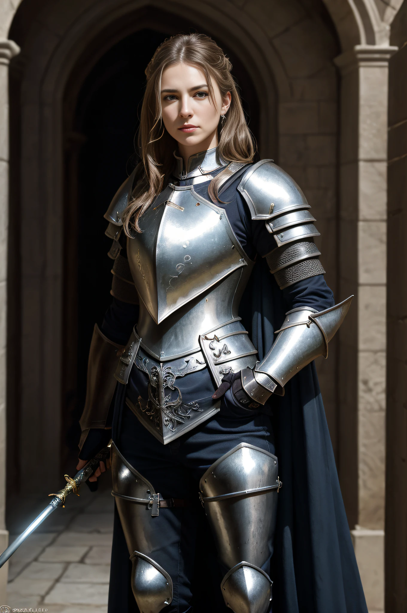 (Masterpiece:1.3), (8K, Photorealistic, Raw photography, Best Quality:1.4), beautiful portrait, (1woman), Beautiful face, Realistic face, (Detailed face), light brown hair, Beautiful hairstyle, (Detailed hair), Realistic eyes, (Detailed eyes), Realistic skin, (Detailed skin), Beautiful skin, Attractive, Ultra high definition, A hyper-realistic, Very detailed, (extremely intricate), professional photograph, sharp focus, dramatic, cinematic lighting, octane render, unreal engine, volumetrics dtx, (film grain), (((wearing medieval Breastplate and Backplate and Faulds and Cuisses and Porin and Besagew and Rerevrace and Vambrace and Gauntlet and Sabaton and Greaves and Spool))), Beautiful details, (((Standing with a spear at the entrance to the King's Chamber))), ((wearing a bassinet)), ((with full armor:1.3)), (Spear in right hand, shield in left hand),
