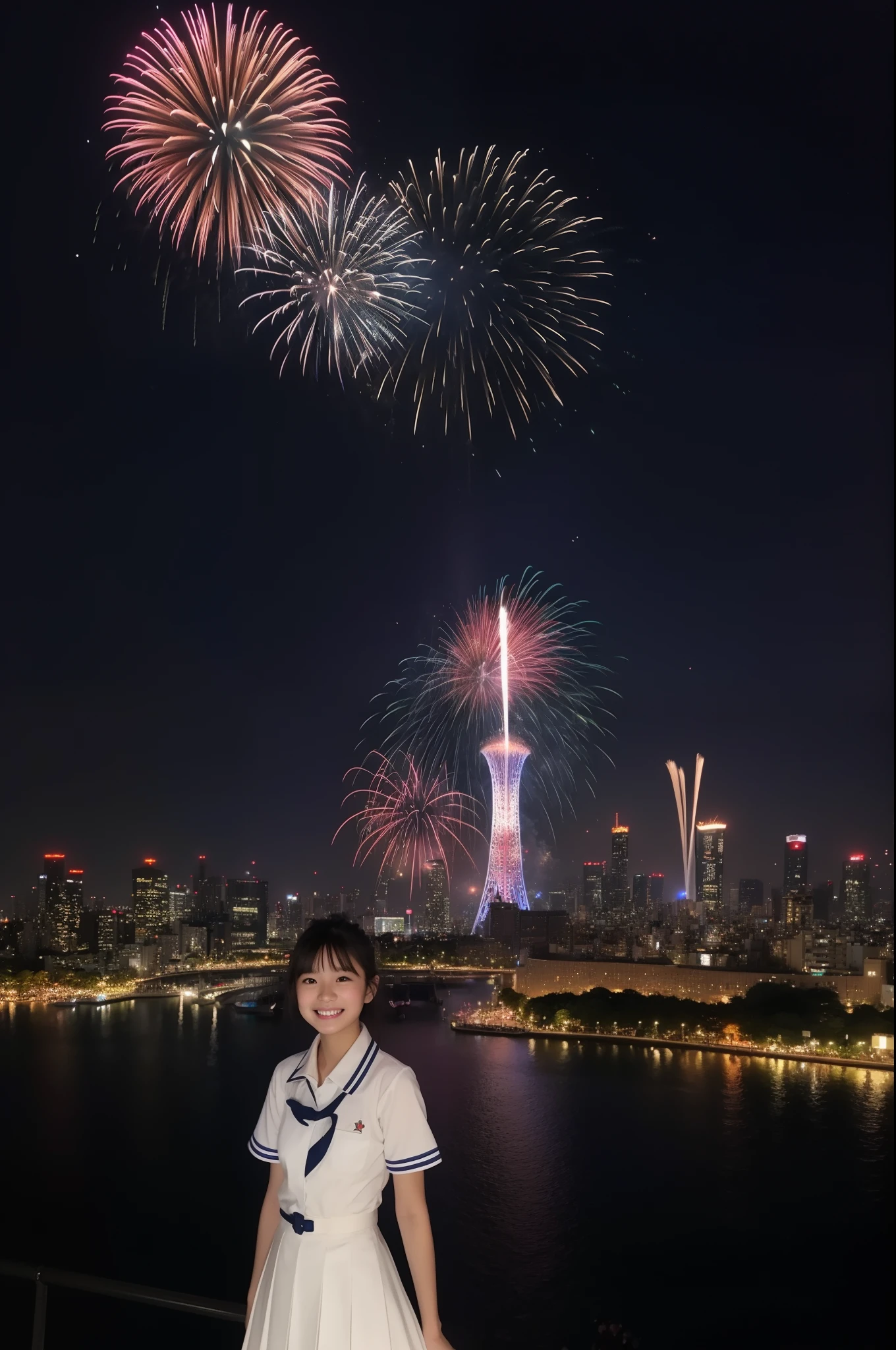 A smile、hi-school girl、校服、While doing fireworks、mare、Tokyo Skytree