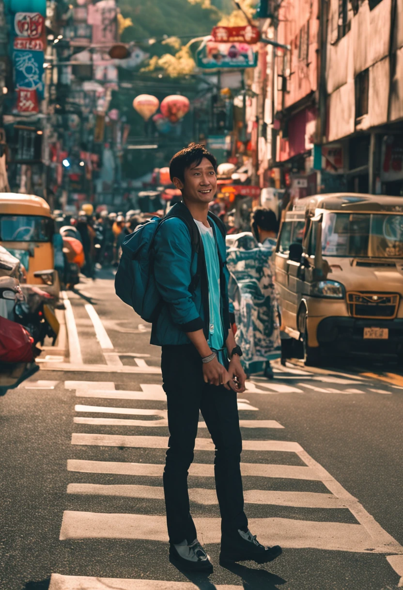 Being jumped and photographed on the road。Smiling man Japan in his 20s。