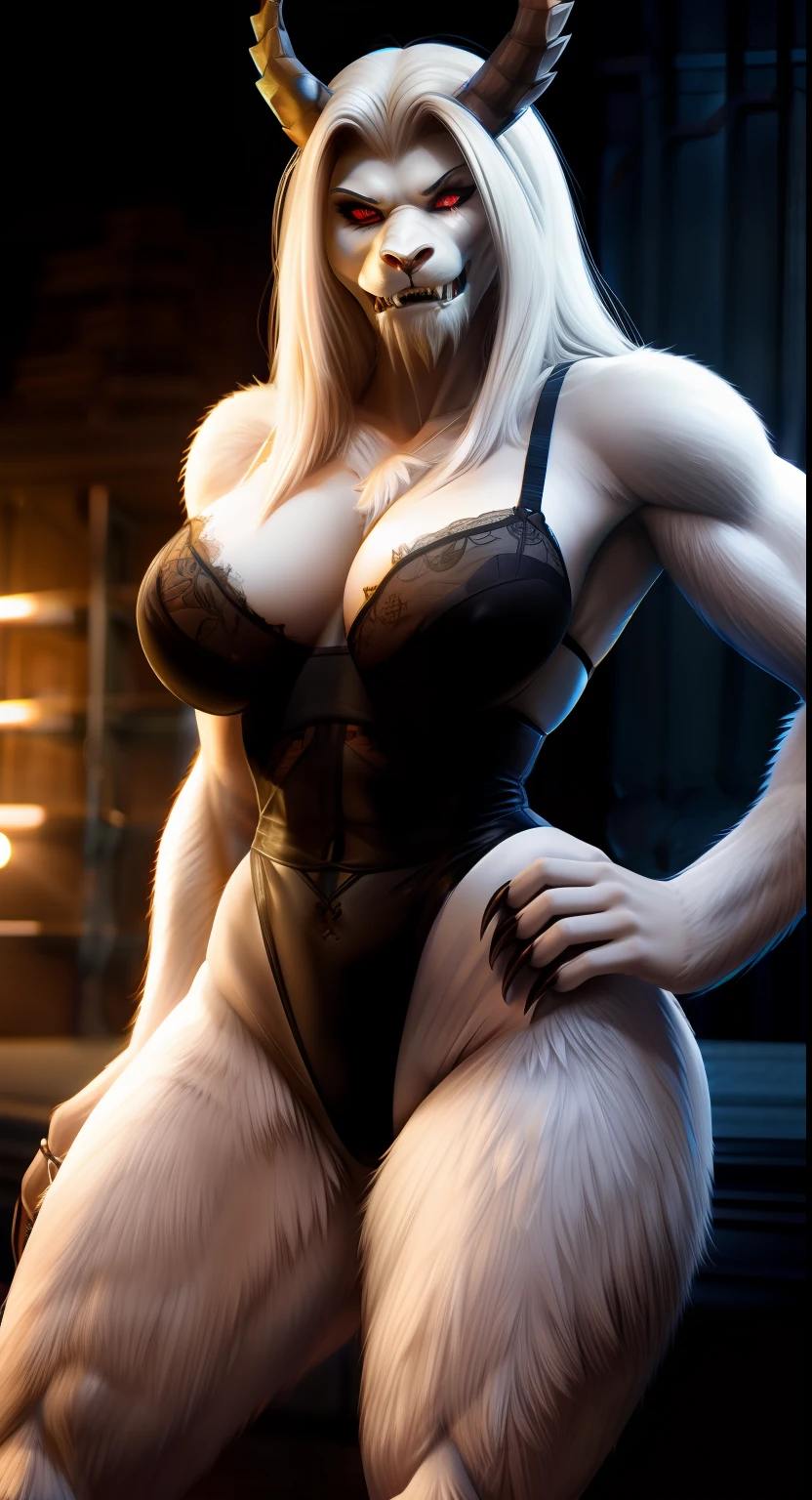 anthropomorphic, woman, monster woman hybrid, yeti, sexy black lace high cut leotard, busty, muscular body, thicc, fierce, sharp teeth, saber fangs, hourglass body, hair, sexy, beautiful, savage, long claws, Photograph, white wooly fur, sexy hips, sexy legs, fit body, hard abs,