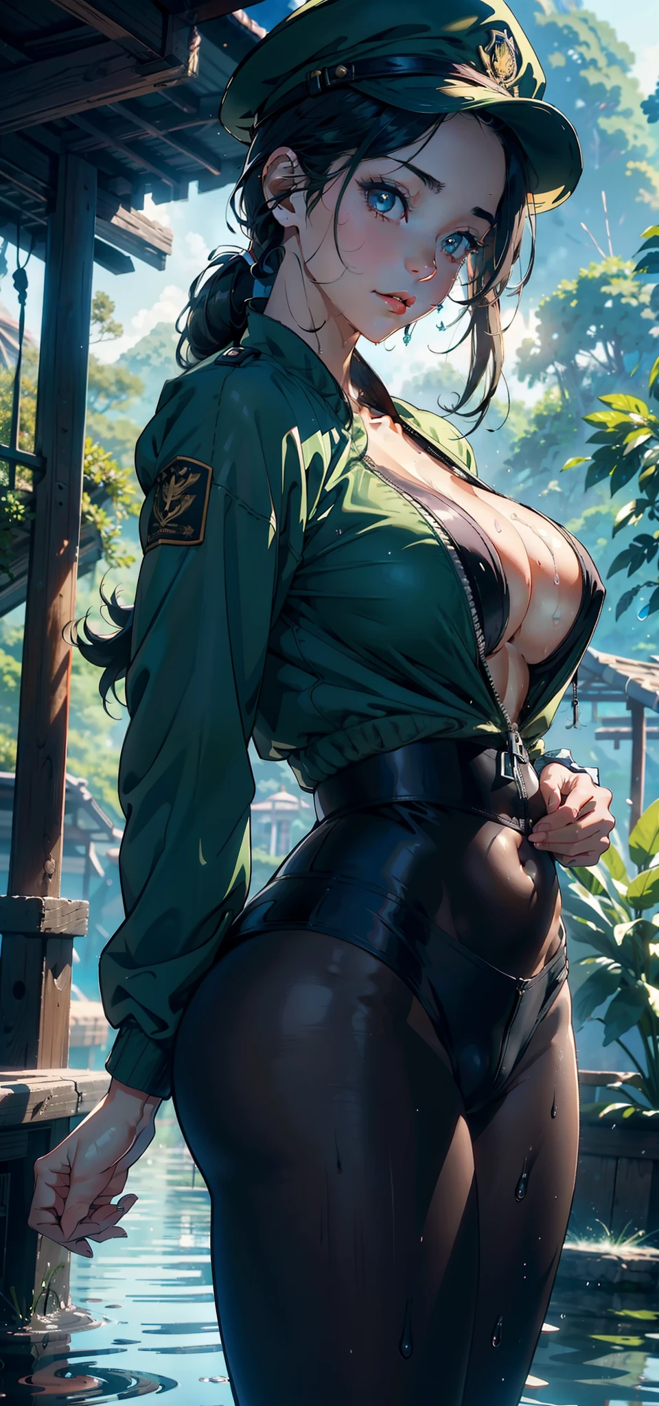 1female,35yo,huge-breasted,long leges,Pornographic exposure, 独奏,(Background with:hilltop,the rainforest,in summer,Standing water on the ground,exteriors) Feel free to hairstyle,Stride,Sweat profusely,drenched all over the body,seen from the front,Long black hair , mostly cloudy sky,(((tmasterpiece),(Very detailed CG unity 8K wallpaper),best qualtiy,cinmatic lighting,detailed back ground,beatiful detailed eyes,Bright pupils,(Very fine and beautiful),(Beautiful and detailed eye description),ultra - detailed,tmasterpiece,)),face to the viewer,frontage,A high resolution,ultra - detailed)nakeness,Wipe off panties,revealing breasts,Bare genitalia, Bulge,Camel toes,Raised sexy,Lewd expression,Flushed complexion,Open-mouthed,frontage,military hat,(Wearing:green colored bomber jacket,Black pantyhose)