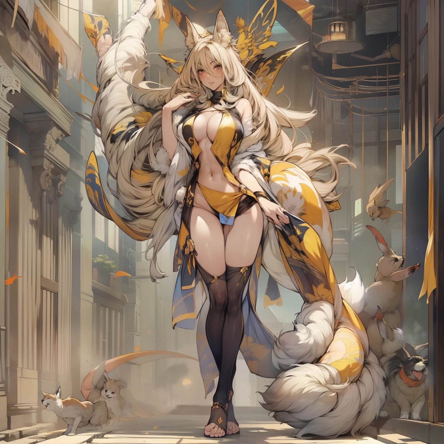 (1girll),a matural female,Yellow-black main color,Fox characteristics,nine tail fox,delicated face,Anatomically normal, ( (Bare legs, Bare feet: 1.3)),Exposed clothes,( ( Exposed breasts, exhibitionists:1.2)) ,Full body like,4k画质,take up close,Standing position with legs apart,Perfect body,Anime artwork,Long hair,