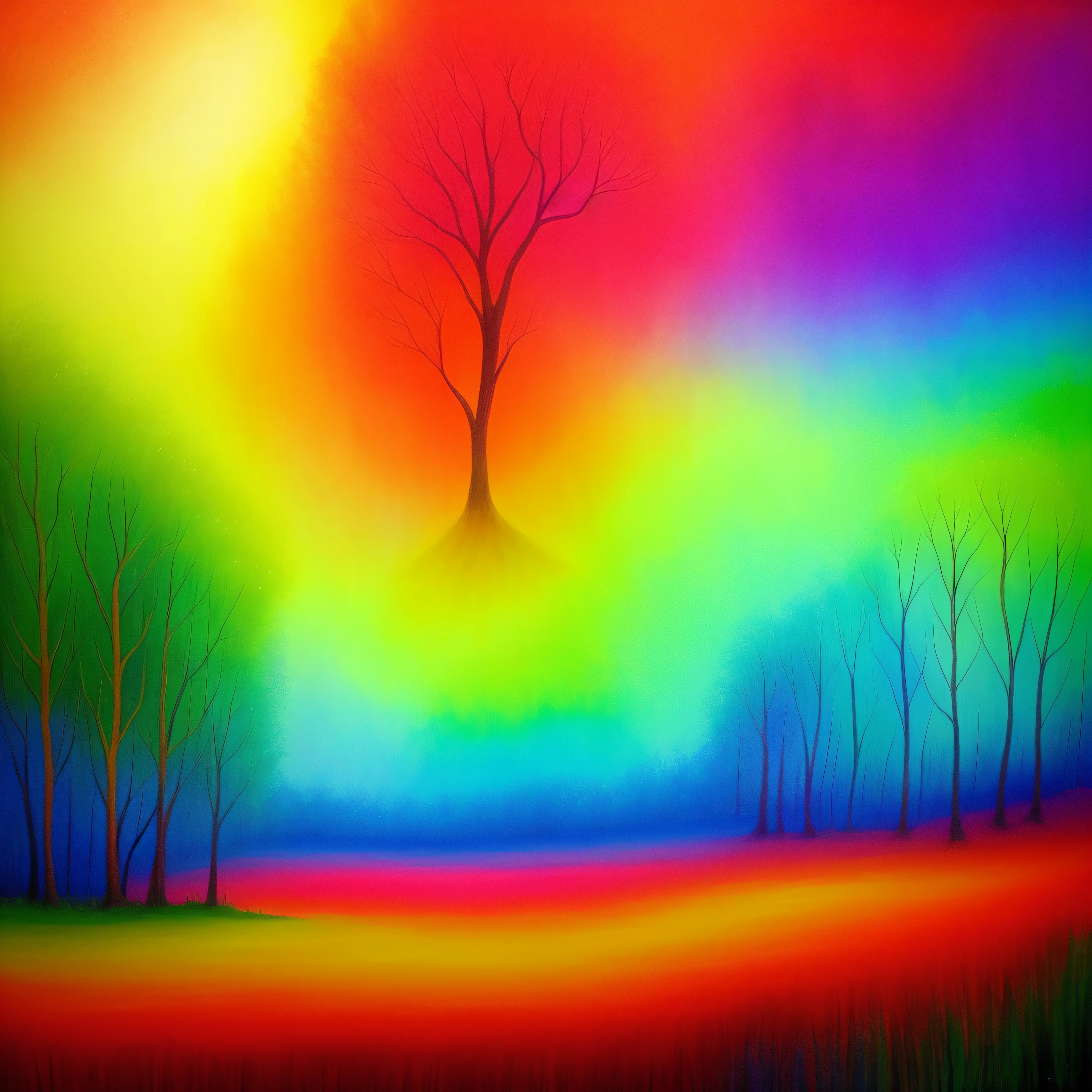 a painting of a colorful forest with a river and trees, arte conceitual colorida, intricate rainbow environment, cores do bipe, whimsical fantasy landscape art, Floresta dos Doces, psychedelic forest, Arte digital altamente detalhada em 4k, cores surreais, inspirado em Cyril Rolando, magical colours and atmosphere, colorido 8 k, arte de fantasia digital colorida, colorful flat surreal ethereal
