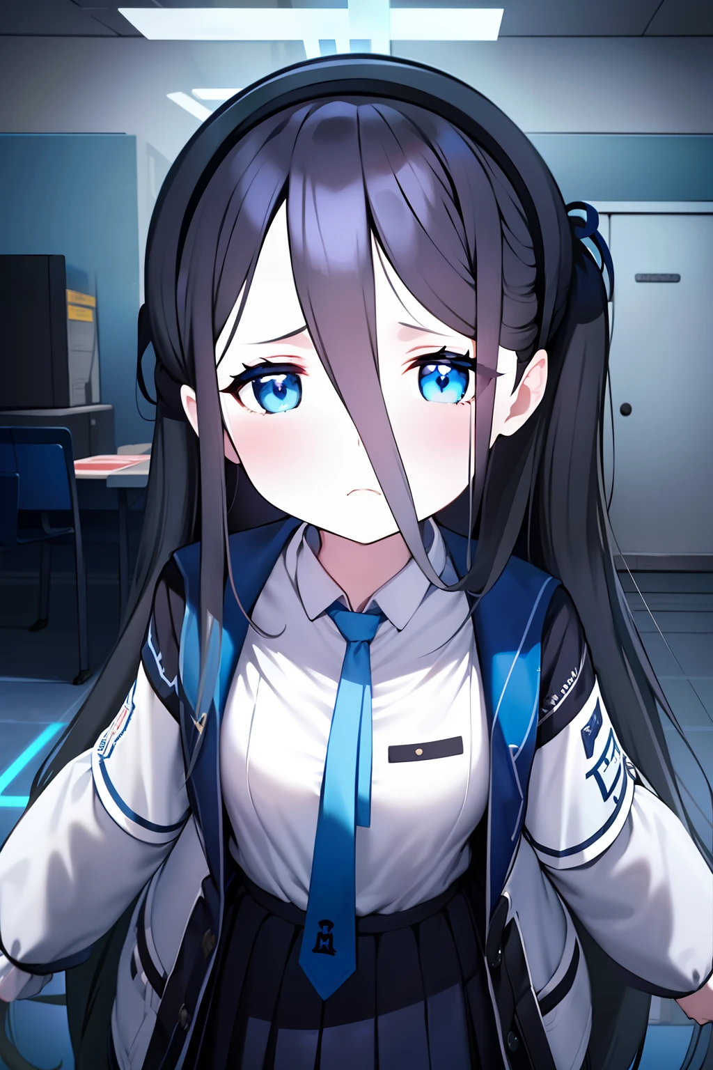 blue archive.Tendo Alice.up chest.large full breasts.(pigtails hair),(length hair),(long bangs),(black hairband),(long court),(student clothes),(White long-sleeved shirt),(pleatedskirt),(Navy blue skirt),blue tie.short stature.Sad face.