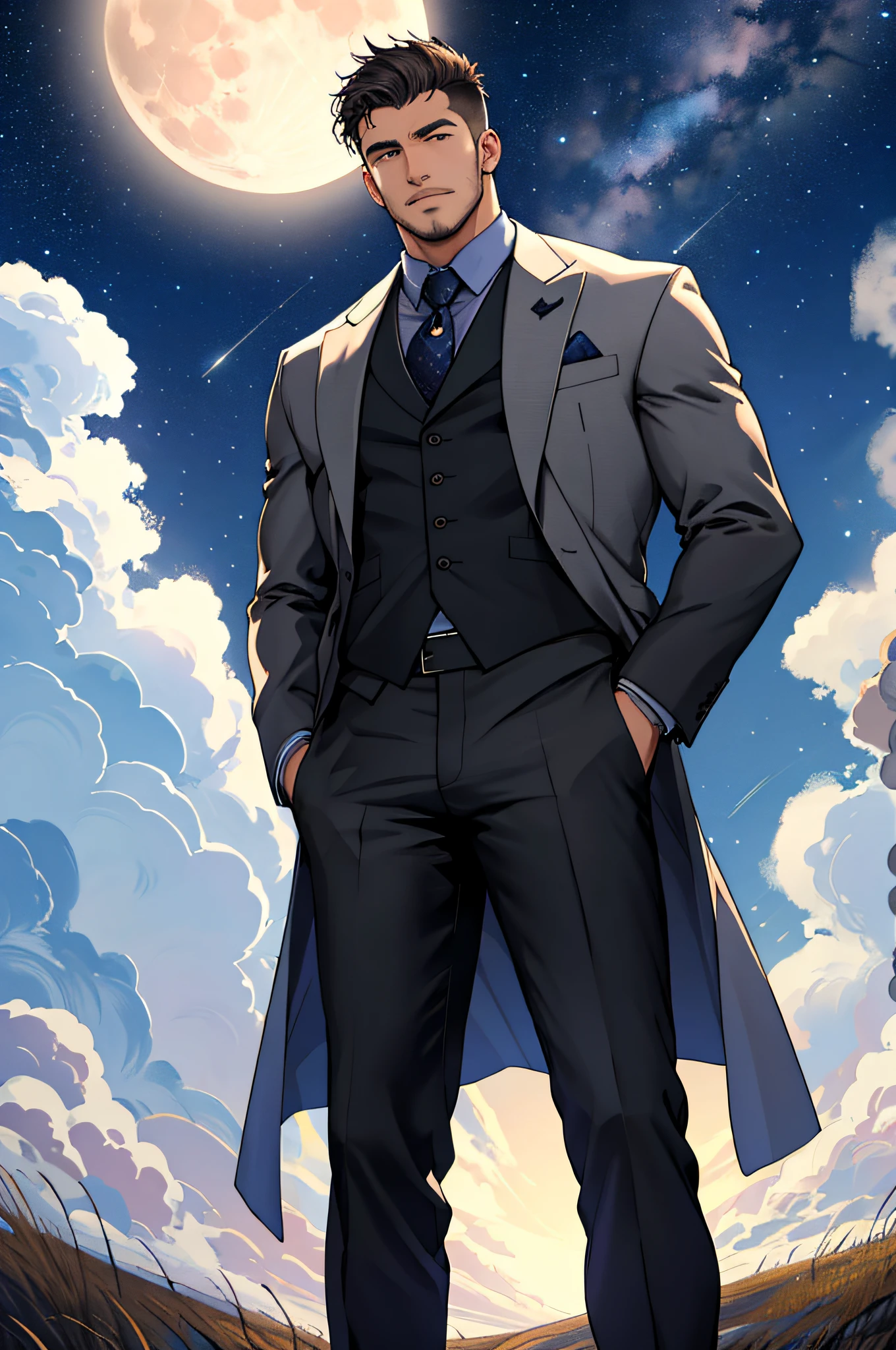 Draw a full-fledged footballer,Standing on the steppe at night,Quiet and comfortable background,He wears the same suit as the country's president,The suit fits perfectly,Handsome face,eyes with brightness,The man looks confident and determined,looking-down,Crew cut,full bodyesbian,Stars dot the sky,shooting from below,Big moon highlights background