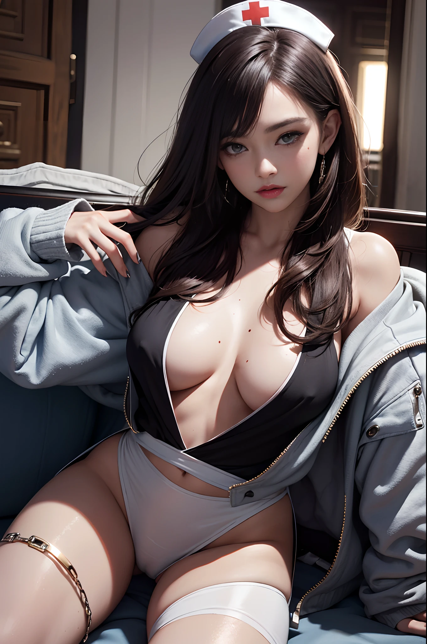 offcial art，Unity 8k壁纸，ultra - detailed，aestheticly pleasing，big breasts beautiful，tmasterpiece，best qualtiy， atmospurate， mistic， romanticism lain，Literary， Artistically， Fashionab, Abdominal gaze，huge tit，nedium breasts，（（（Inside the mansion））），（Naked of breast：1.4）， 1girll， jewely， 耳Nipple Ring， Orange_sky， 独奏，  Long_Hair， dark mole_under below_eye， The upper part of the body_Body， Grey_Eyes， Looking_at_peeping at the viewer， brunette color hair， Fashionab （tilt of the head： 1.4），（Female nurse and nurse cap：1.4），nice hand，4K，A high resolution，tmasterpiece，best qualtiy，Head：1.3，（（hasselblad photograph）），finelydetailedskin，Clear focus，（cinmatic lighting），Gentle lighting，dynamic angle，[:(Detailed face：1.2）：0.2]，
