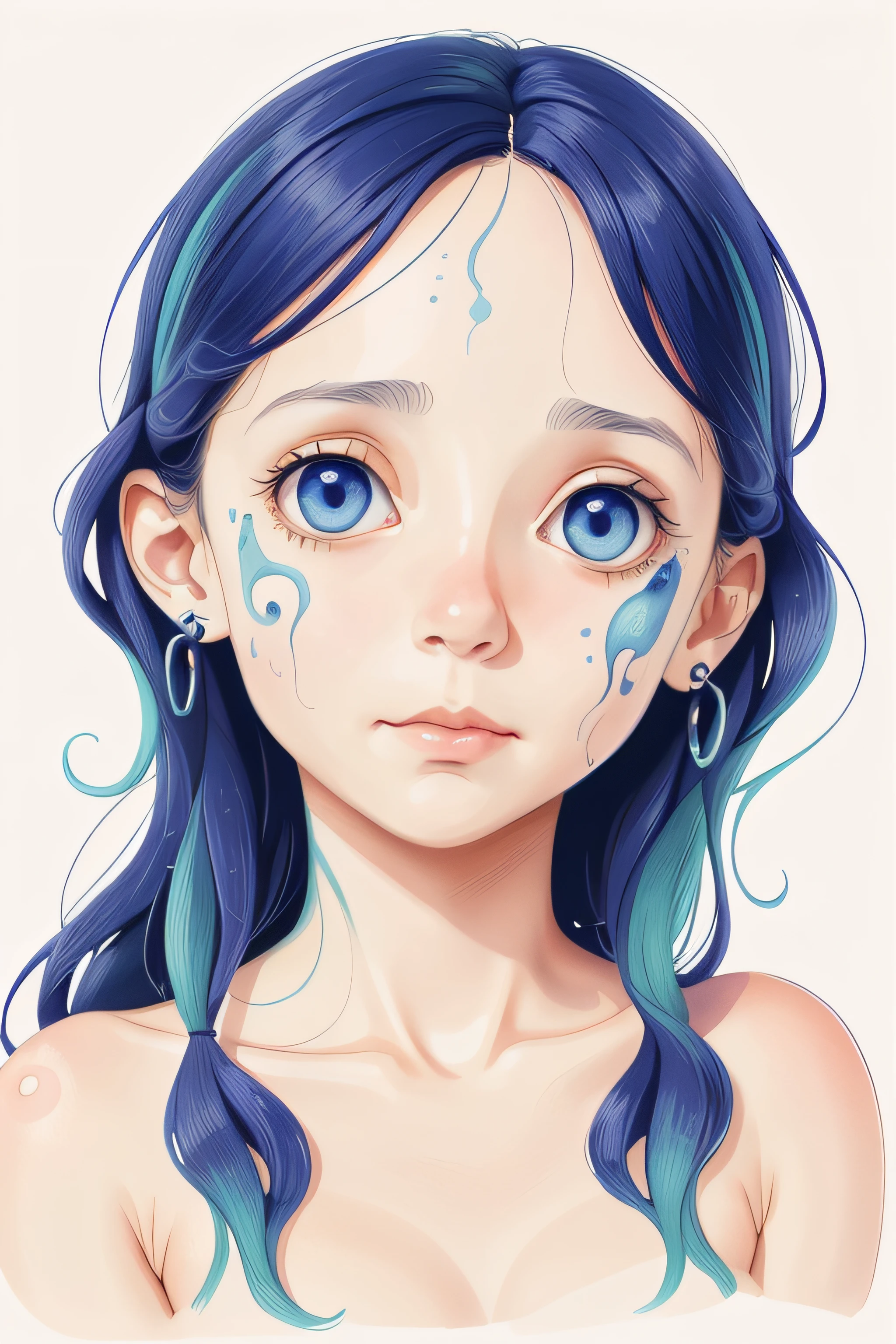 obra maestra, realista,retrato, solo, -yeld gi baby face largo y ondulado, watercolor, pinceladas de colores, por agnes cecile, pechos erectos, mirada al espectador, tristeza, cejas gordas, ojos enormes, high quality doll face, tendencias en Artstation, foco nítido, Foto de estudio, Detalles intrincados, Altamente detallado,((retrato: 1girl))expresion enfado, estilo pixar, Somber, Negativo, torcido, weird, ((ojos grandes)), (((desnuda))), Pero Tim Burton,Jennifer Love Hewitt