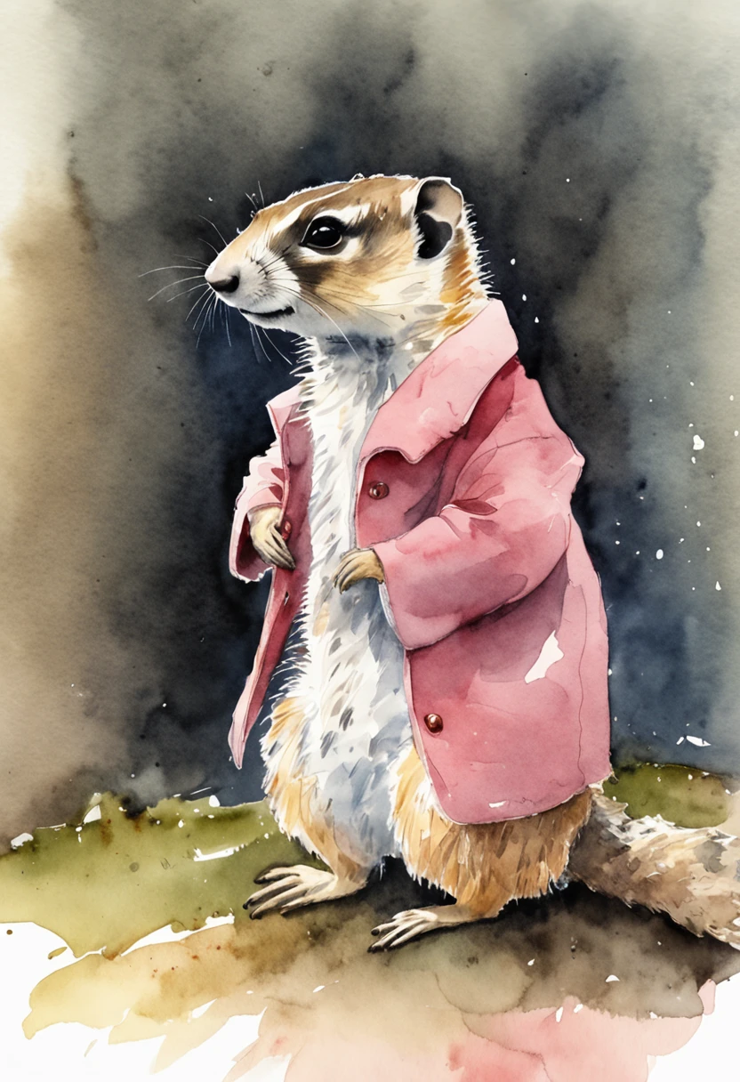 a drawing of a meerkat in a pink coat, a watercolor painting by Beatrix Potter, tumblr, furry art, official art, watercolor, storybook illustration