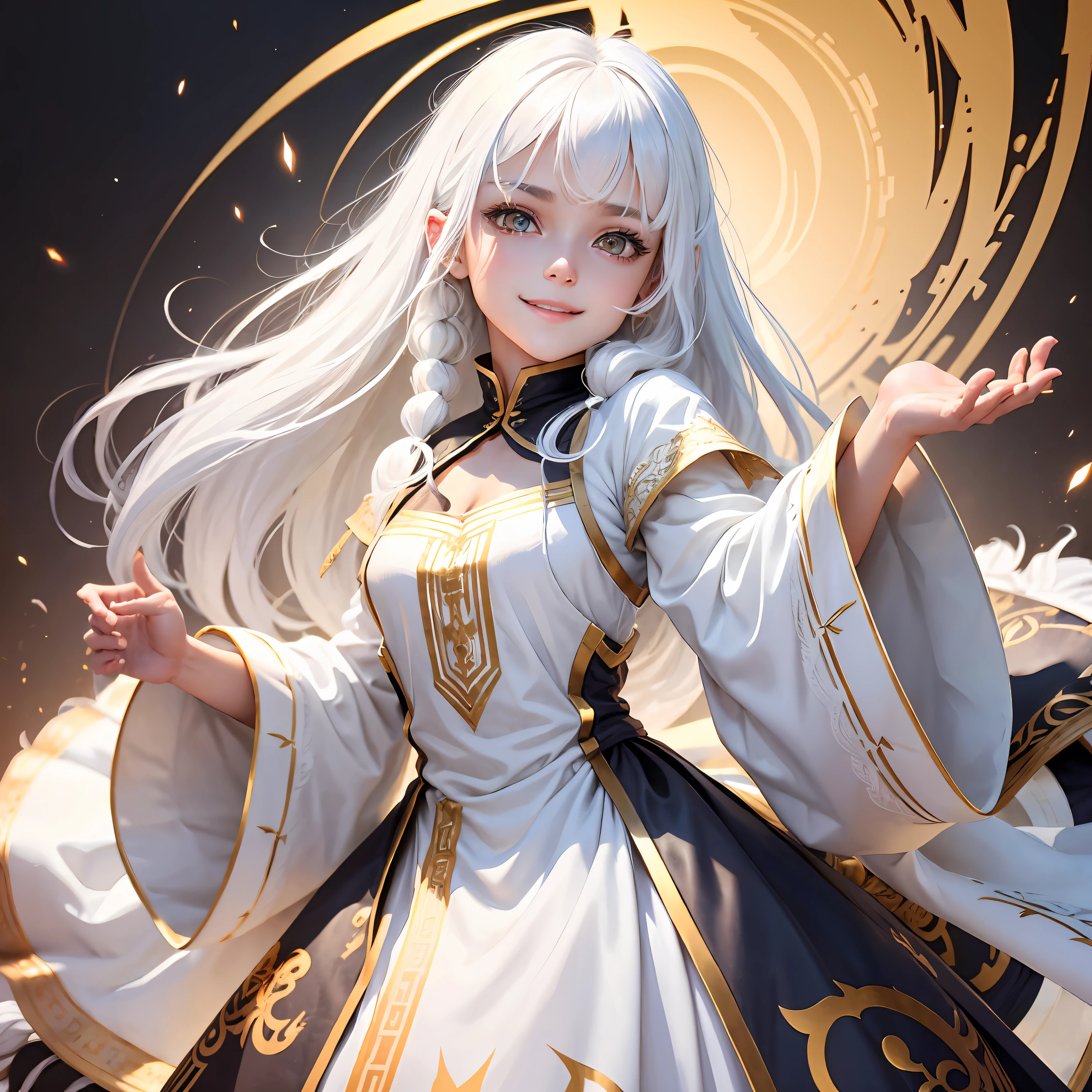 best quality, white hair, gold eyes, bkack clothes, looking up, upper body, hair strand, Fair skin, smiling