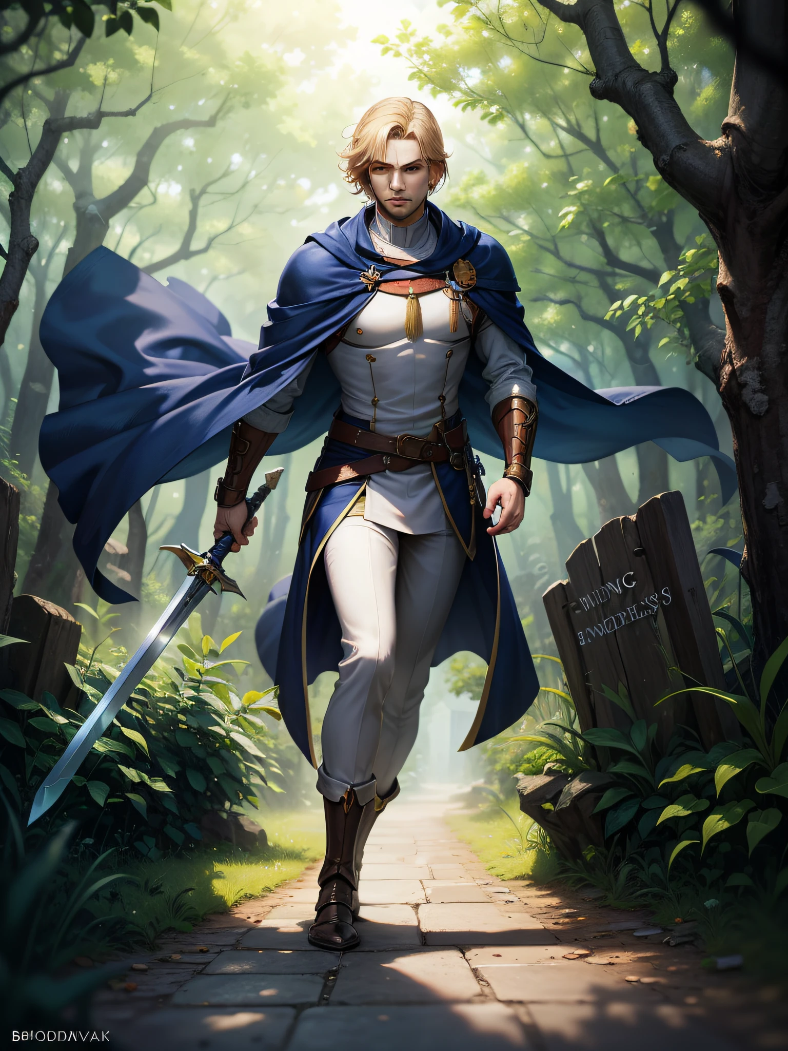 (best quality), (masterpiece), (photorealistic), (realistic), ultra detailed, unity 8k wallpaper, highly detailed cg, ray tracking, sharp shadows, great detail, depth of field, super detailed background, Serving the king, he has worked hard from an early age to become a cornerstone of the kingdom. Now, the king is in a difficult situation. If he escapes from this situation and returns to the royal capital, he will be knighted as a royal knight. In the retreat, Tono, you will be the sword to defeat the enemy. Scalemail, broadsword, blue cloak, stance of the right eye, chivalry, justice, 40 years old, thin beard, broken jaw, sharp eyes, dark blonde, tall, circlet, street, hills, forest to the right, river down to the left,