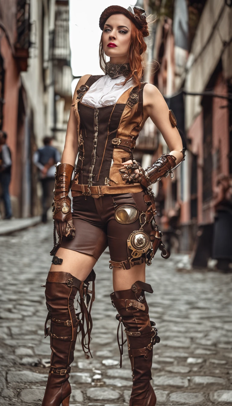 portrait of a sensual cybergirl with a gun in an abandoned route, close-up, steampunk style, <lora:rppc:1> lora-rppc