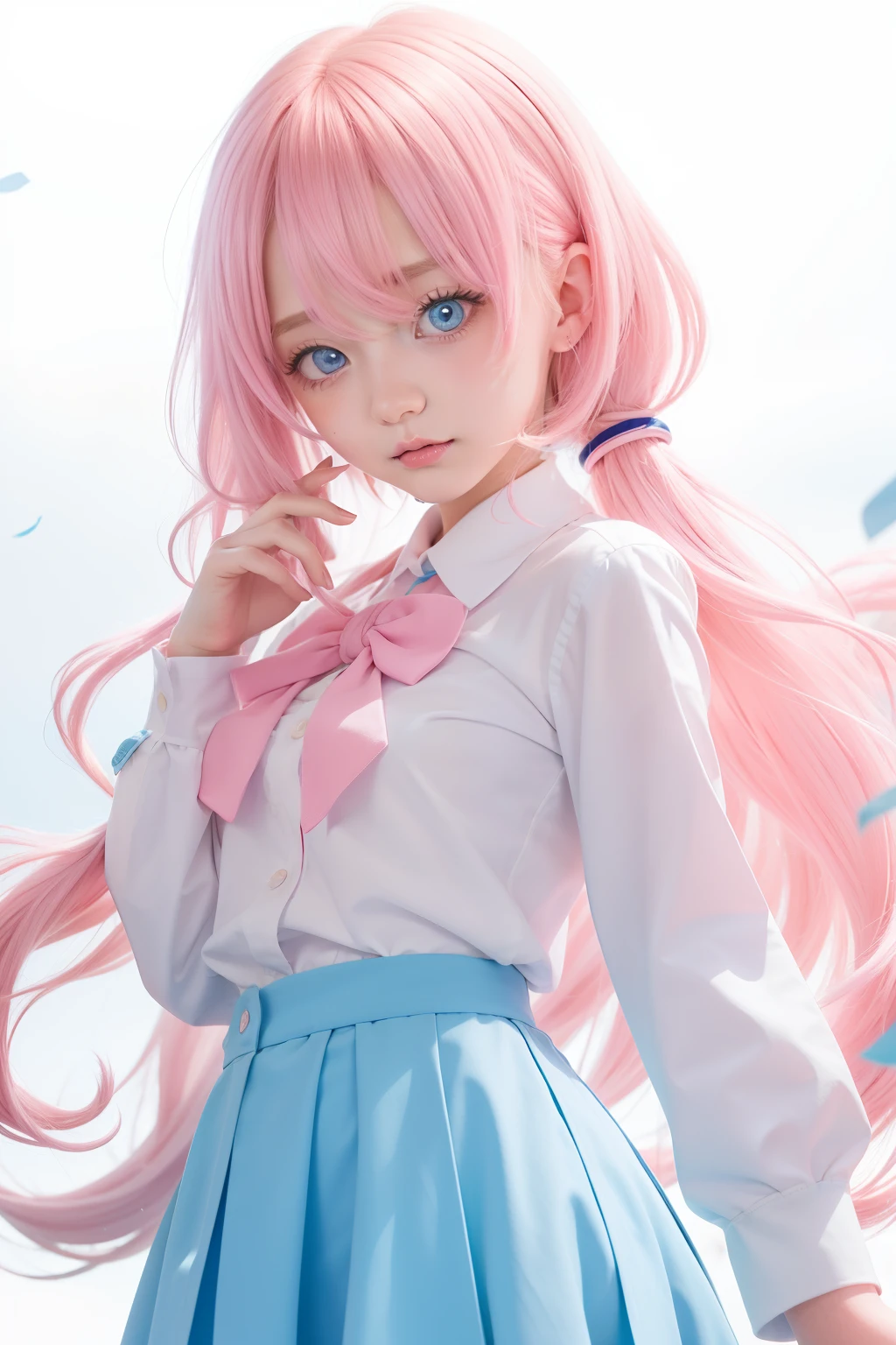 light pink colored hair，Powder-blue pupils，Wear a school uniform with a combination of pink and blue，Milky loli，super beautifulgirl