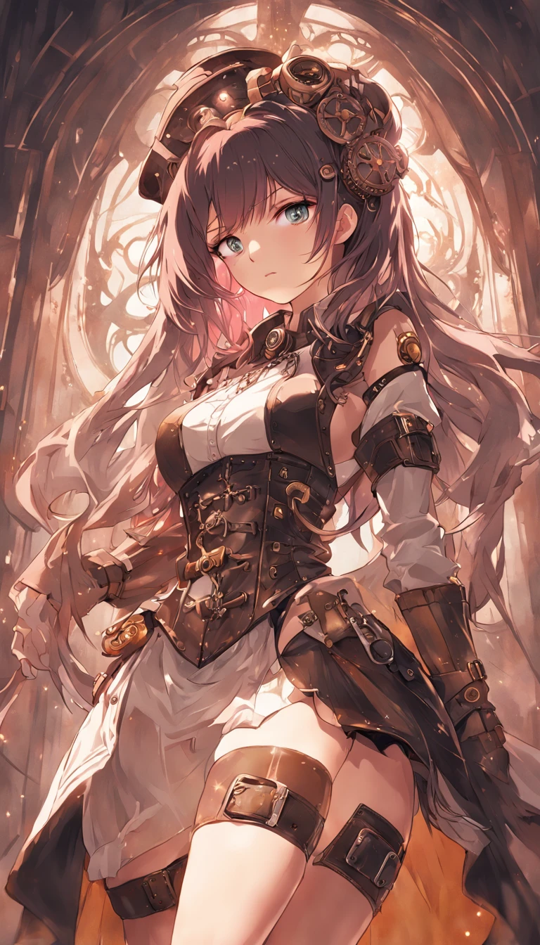Alafe in leather costume posing for photo、Garter Belt、Steampunk Pin-Up Girl、Steampunk girls、steampunk beautiful anime woman、(highly detailed figure)、Beautiful Goddess of Steampunk、steampunk cyberpunk、Wearing steampunk costumes、Wearing a detailed steampunk dress、Close-up portrait shot、steampunk inventor girl、
