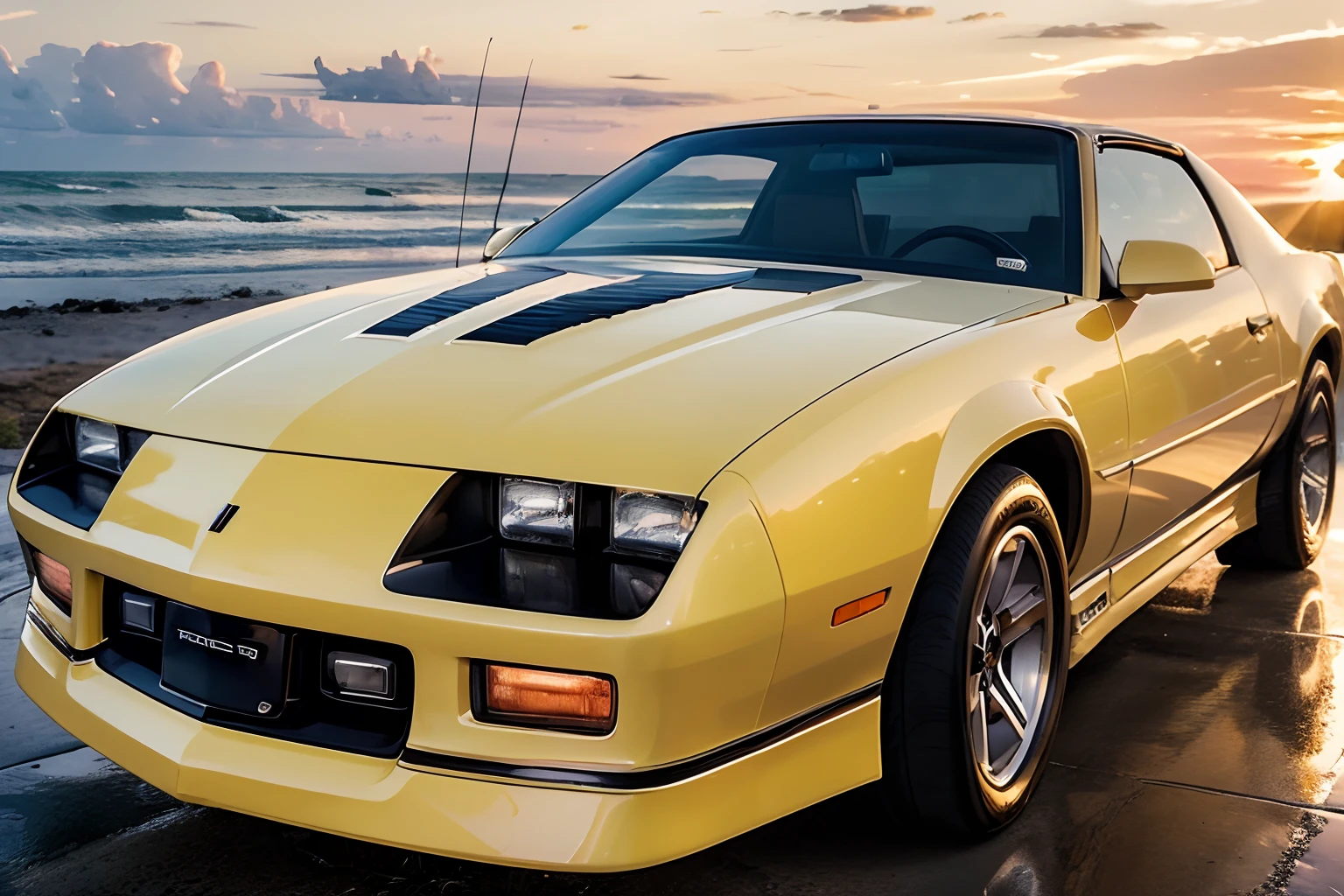 camaroirocz (portrait of a man:1.2) wearing the 80's summer suit and sunglasses leaning on a yellow car parked by the beach at dusk, high resolution, high quality, intricate detail, very sharp