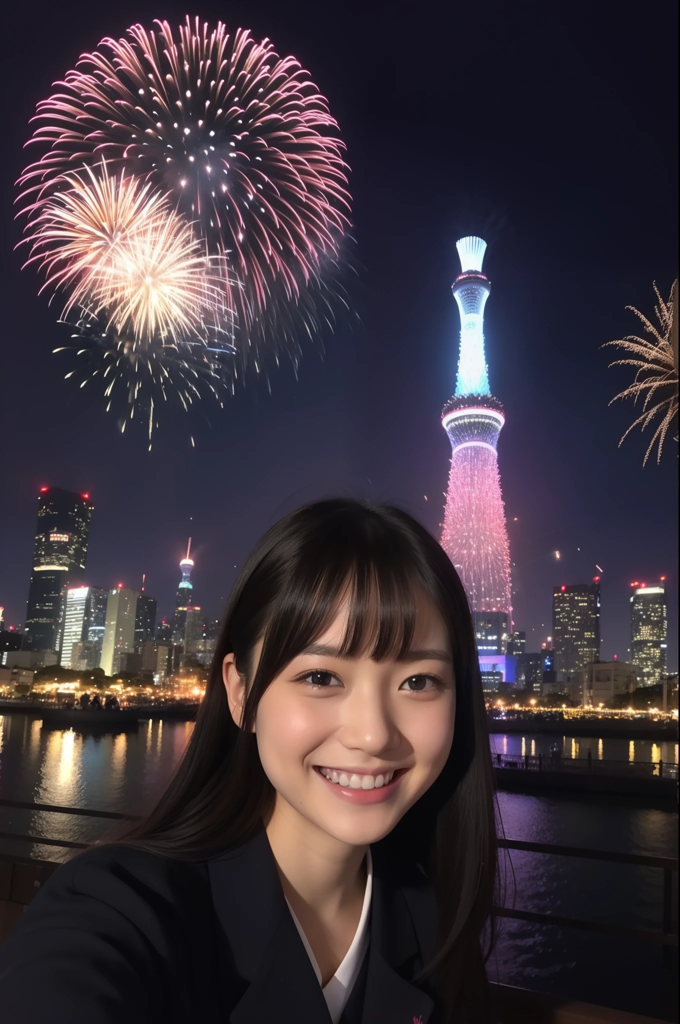 A smile、hi-school girl、校服、While doing fireworks、mare、Tokyo Skytree