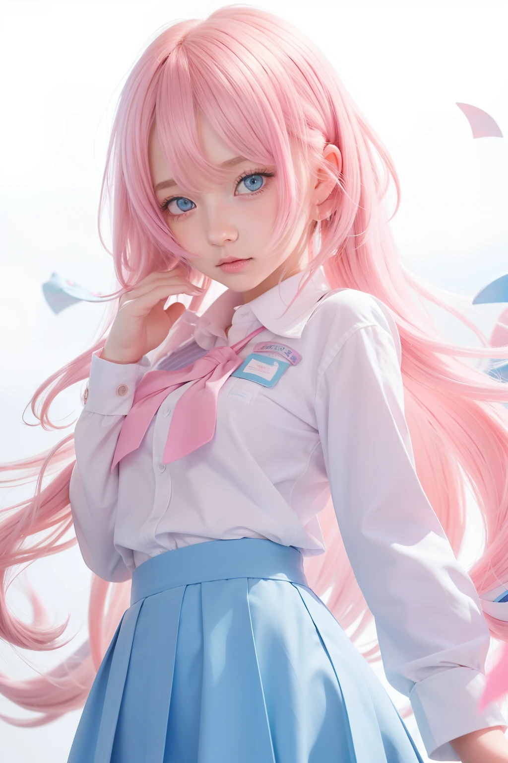 light pink colored hair，Powder-blue pupils，Wear a school uniform with a combination of pink and blue，Milky loli，super beautifulgirl