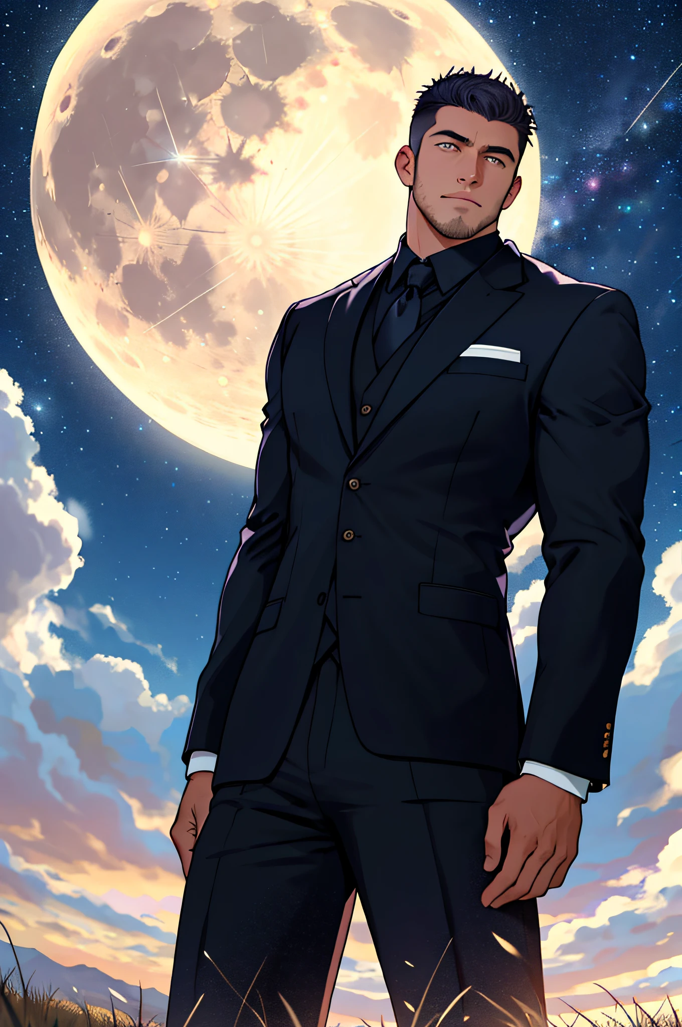 Draw a full-fledged footballer,Standing on the steppe at night,Quiet and comfortable background,He wears the same suit as the country's president,The suit fits perfectly,Handsome face,eyes with brightness,The man looks confident and determined,looking-down,Crew cut,full bodyesbian,Stars dot the sky,shooting from below,Big moon highlights background