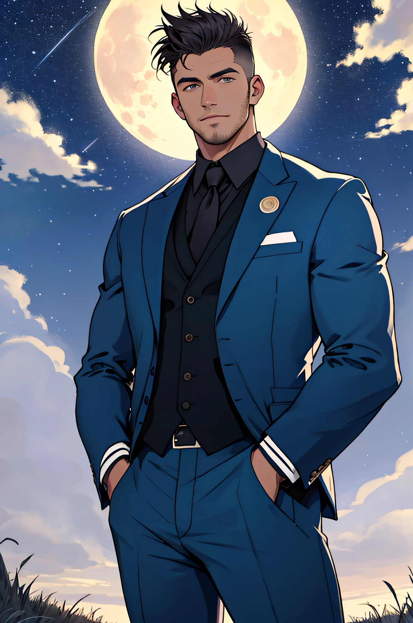 Draw a full-fledged footballer，Standing on the steppe at night，Quiet and comfortable background，He wears the same suit as the country's president，The suit fits perfectly，Handsome face，eyes with brightness，The man looks confident and determined，looking-down，Crew cut，full bodyesbian，Stars dot the sky，shooting from below，Big moon highlights background
