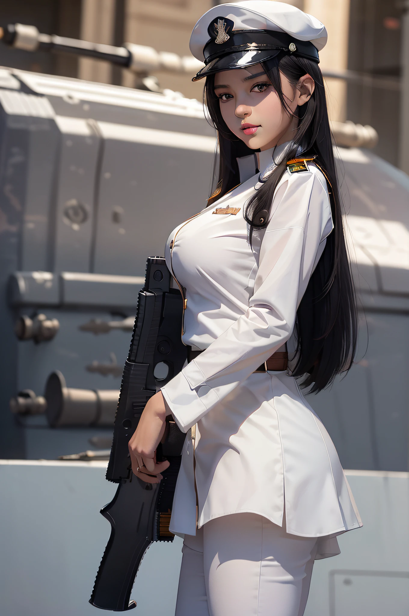 Kizi, an Quority, top-quality, big breasts beautiful, prette, The sheen,On warships, tmasterpiece, cat eyes,White navy uniform, Long black hair,With a military cap,The eyes are sharp and affectionate,A sweet smile,Fighting posture,white colors,(((Armed with a firearm:1.6))),Pure desire